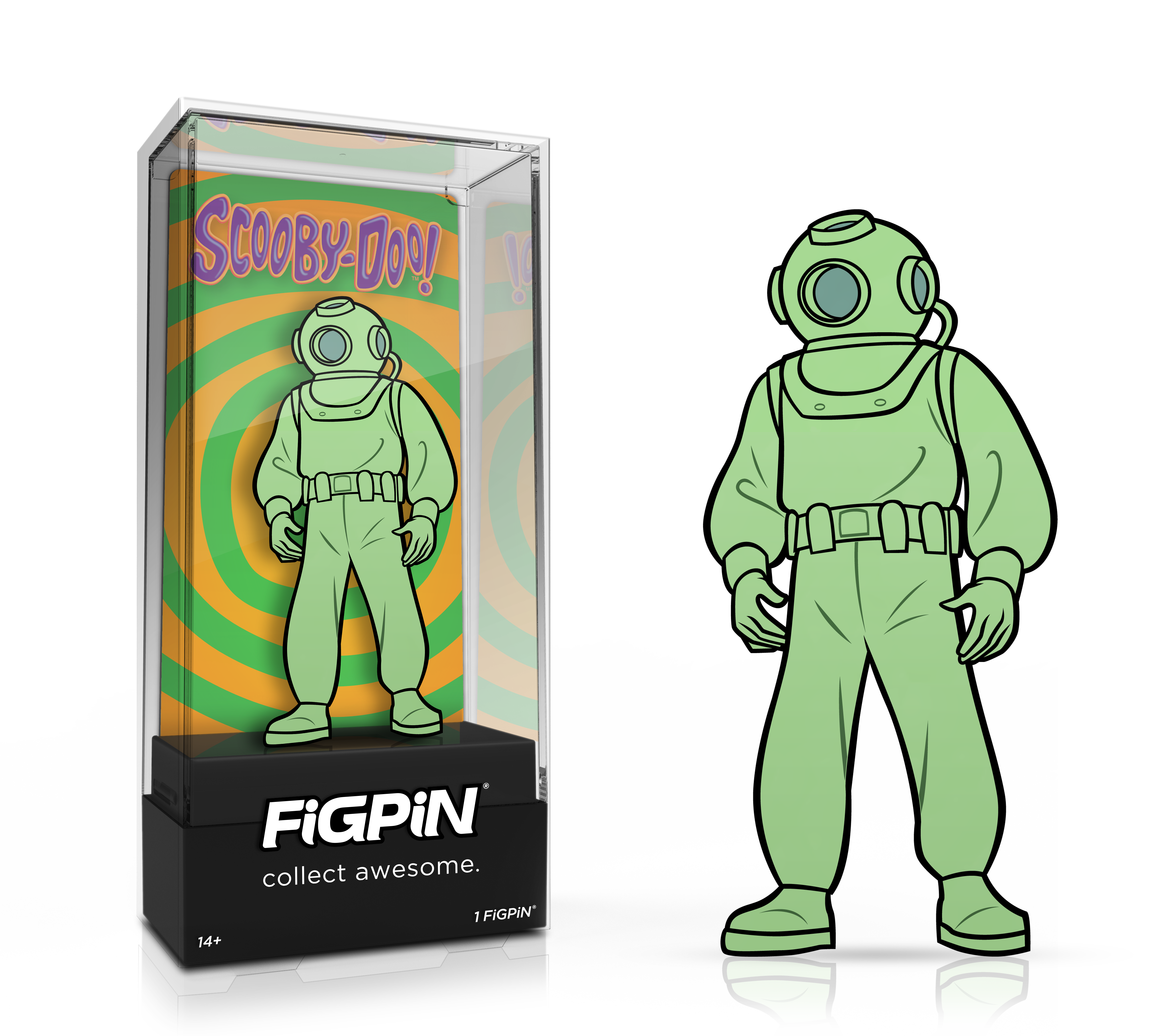 Side by side view of Scooby-Doo!'s Ghost Diver enamel pin in display case and the art render.