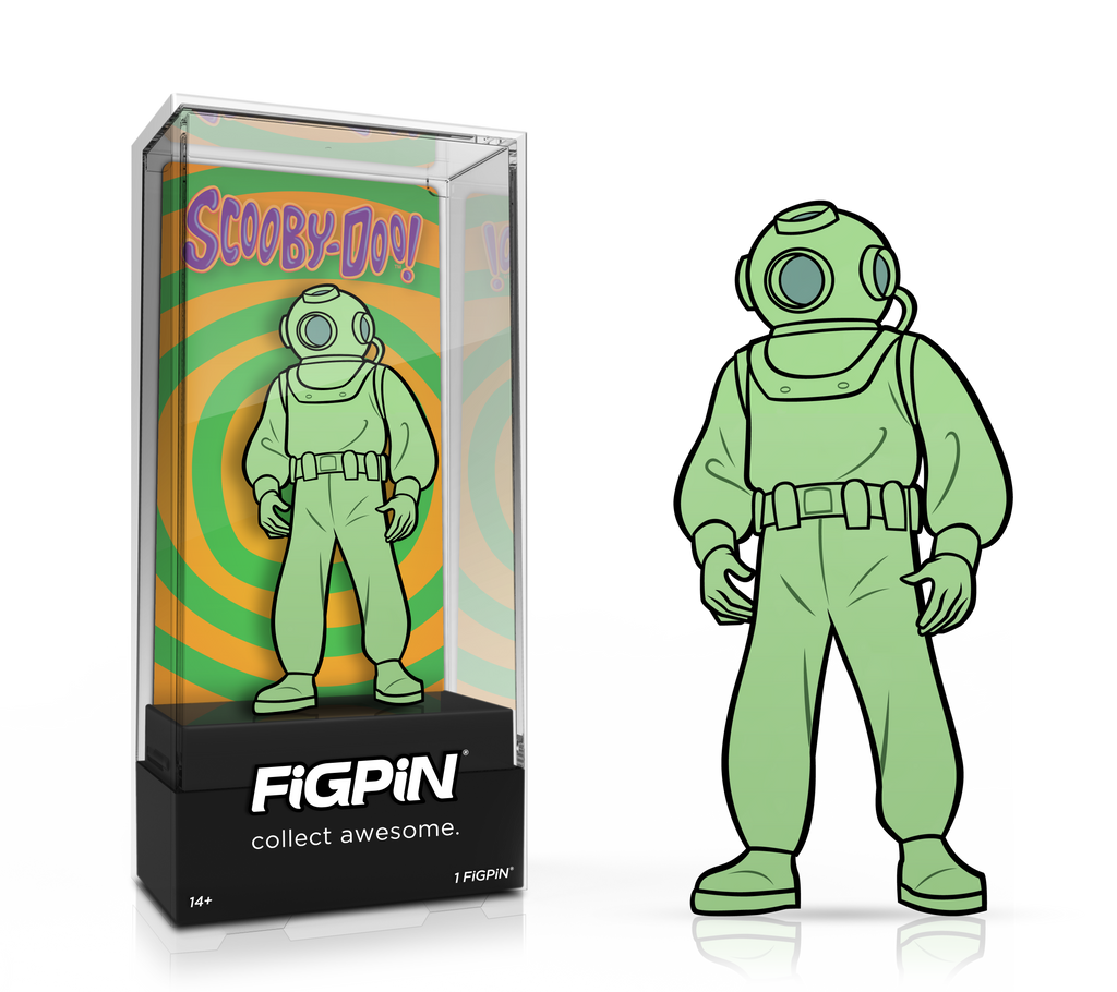 Side by side view of Scooby-Doo!'s Ghost Diver enamel pin in display case and the art render.