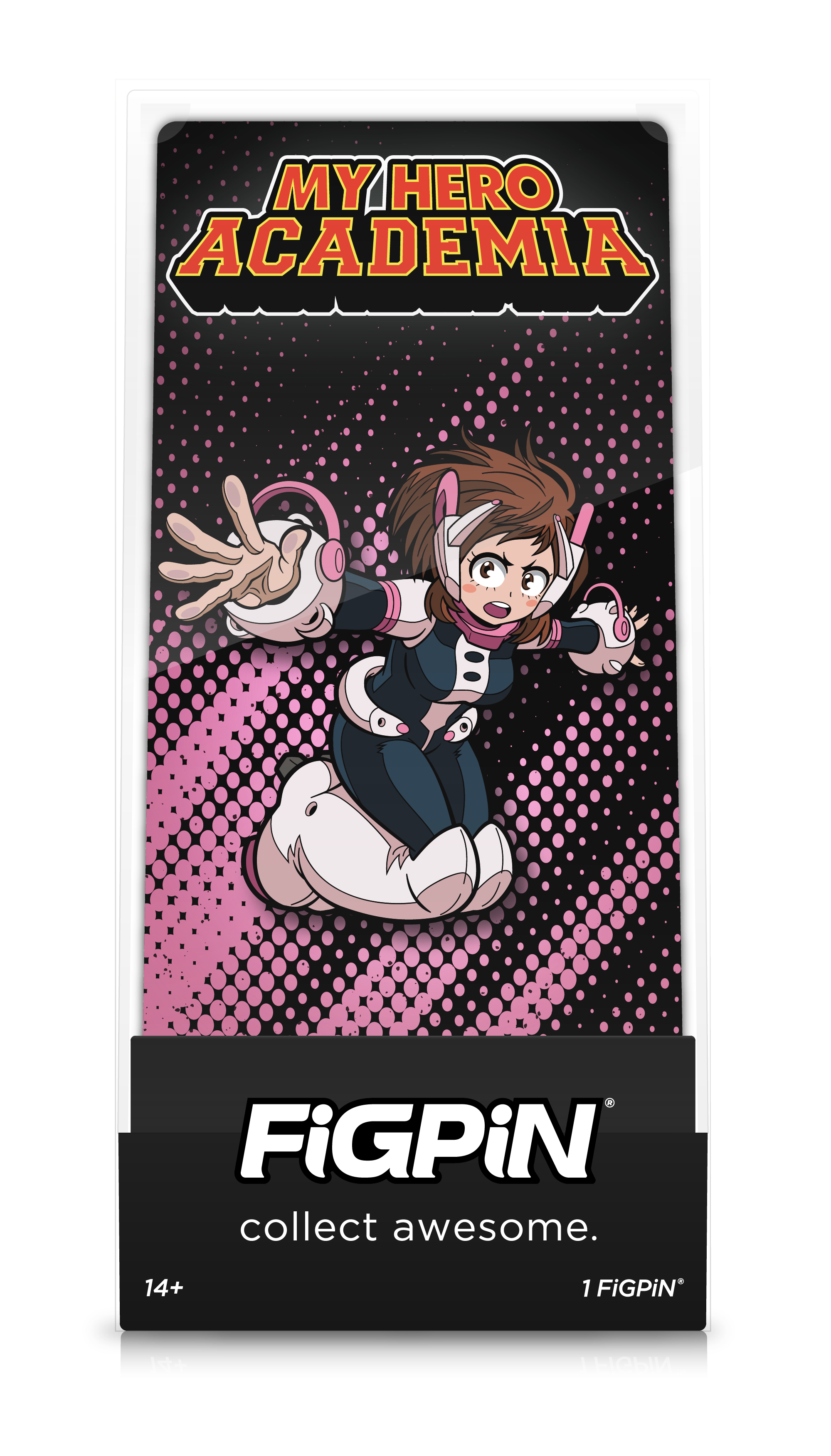Front view of My Hero Academia's Ochaco Uraraka enamel pin inside FiGPiN Display case reading “collect awesome"