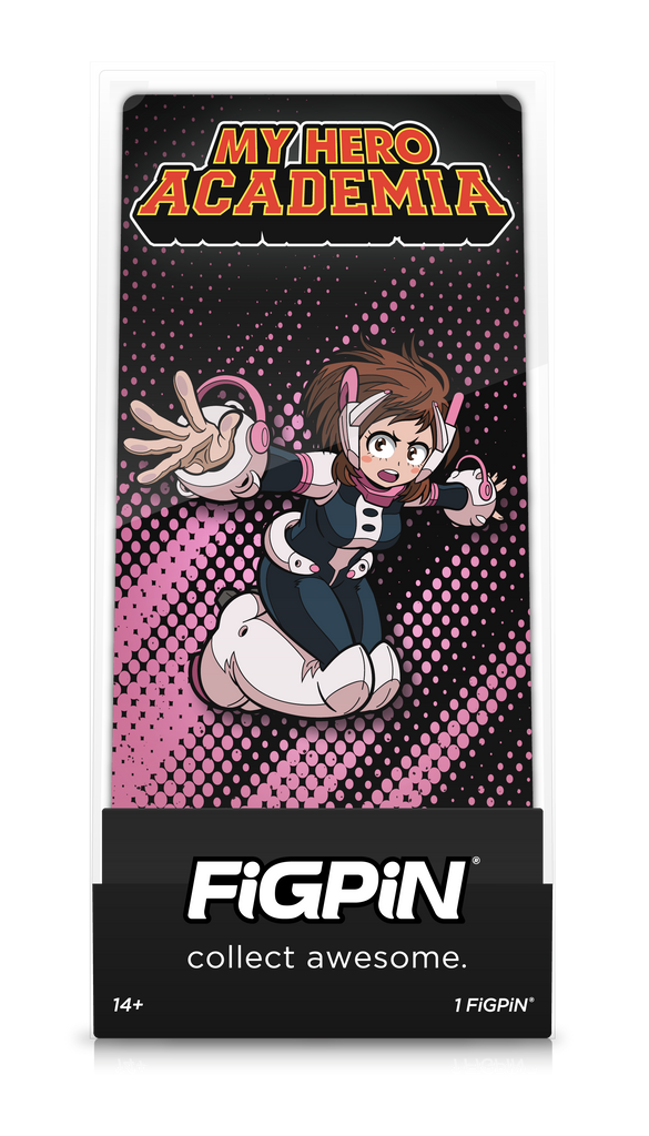 Front view of My Hero Academia's Ochaco Uraraka enamel pin inside FiGPiN Display case reading “collect awesome"