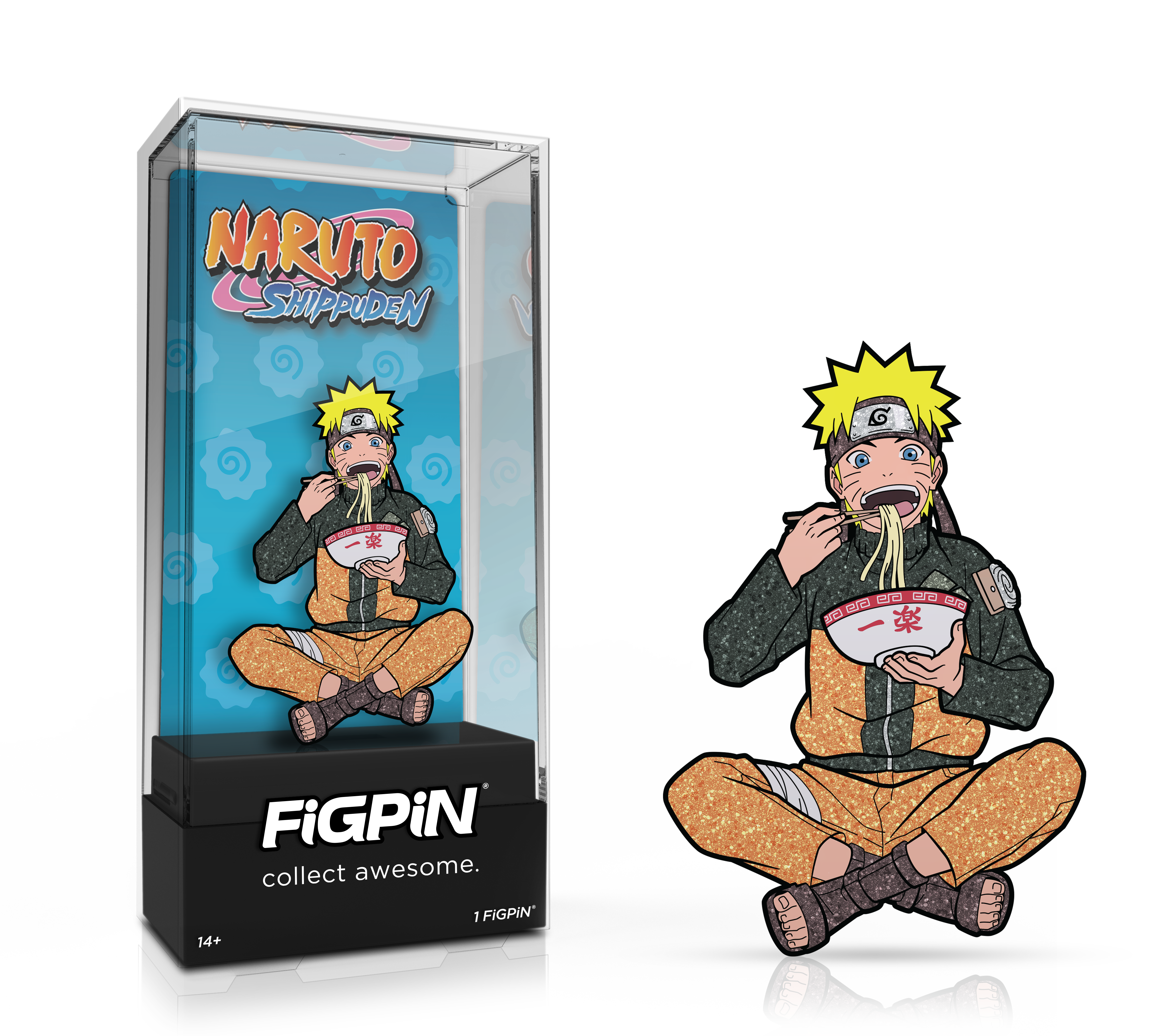 Side by side view of the Naruto Uzumaki (rare) enamel pin in display case and the art render.