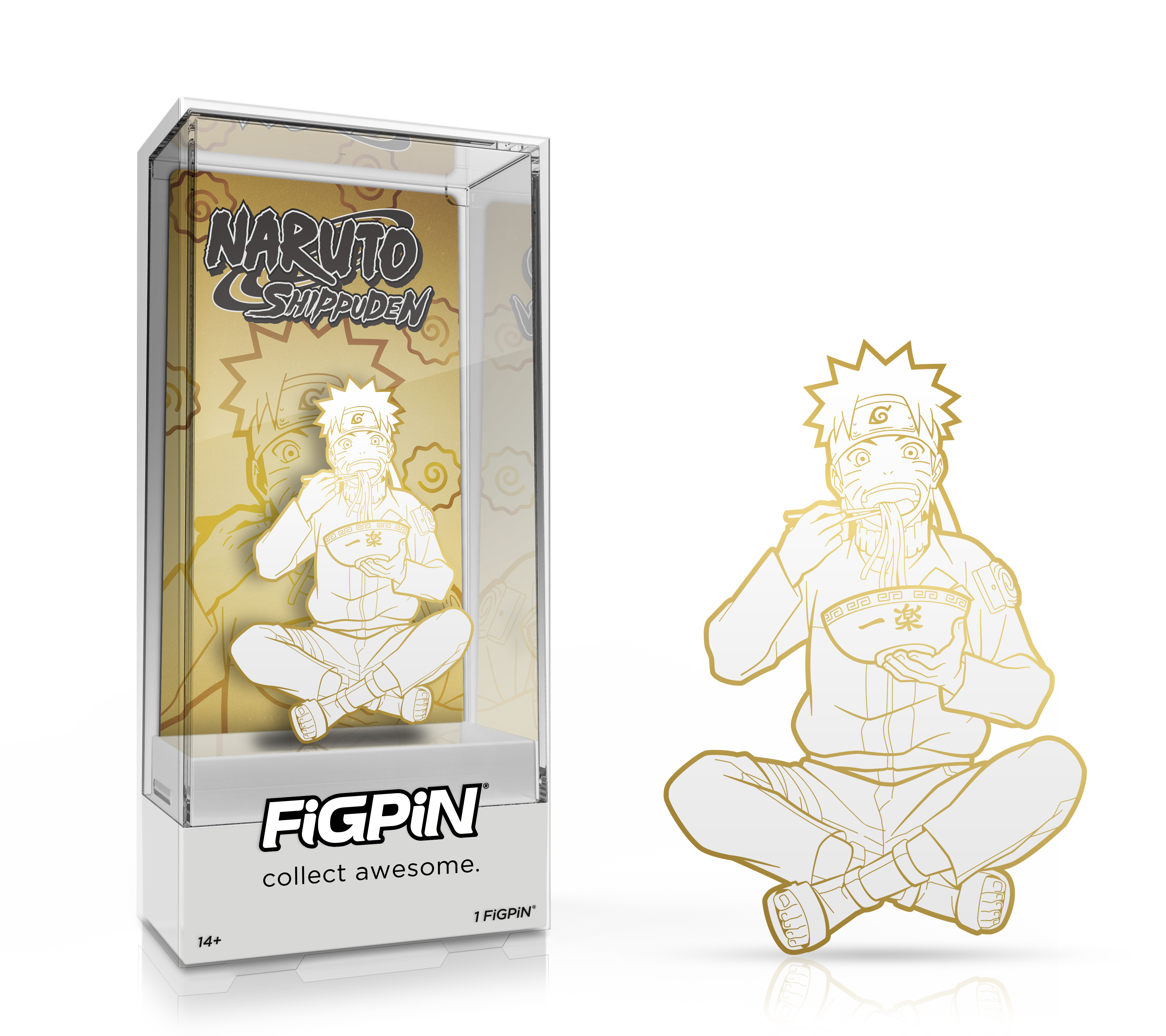 Side by side view of the Naruto Uzumaki (super rare) enamel pin in display case and the art render.