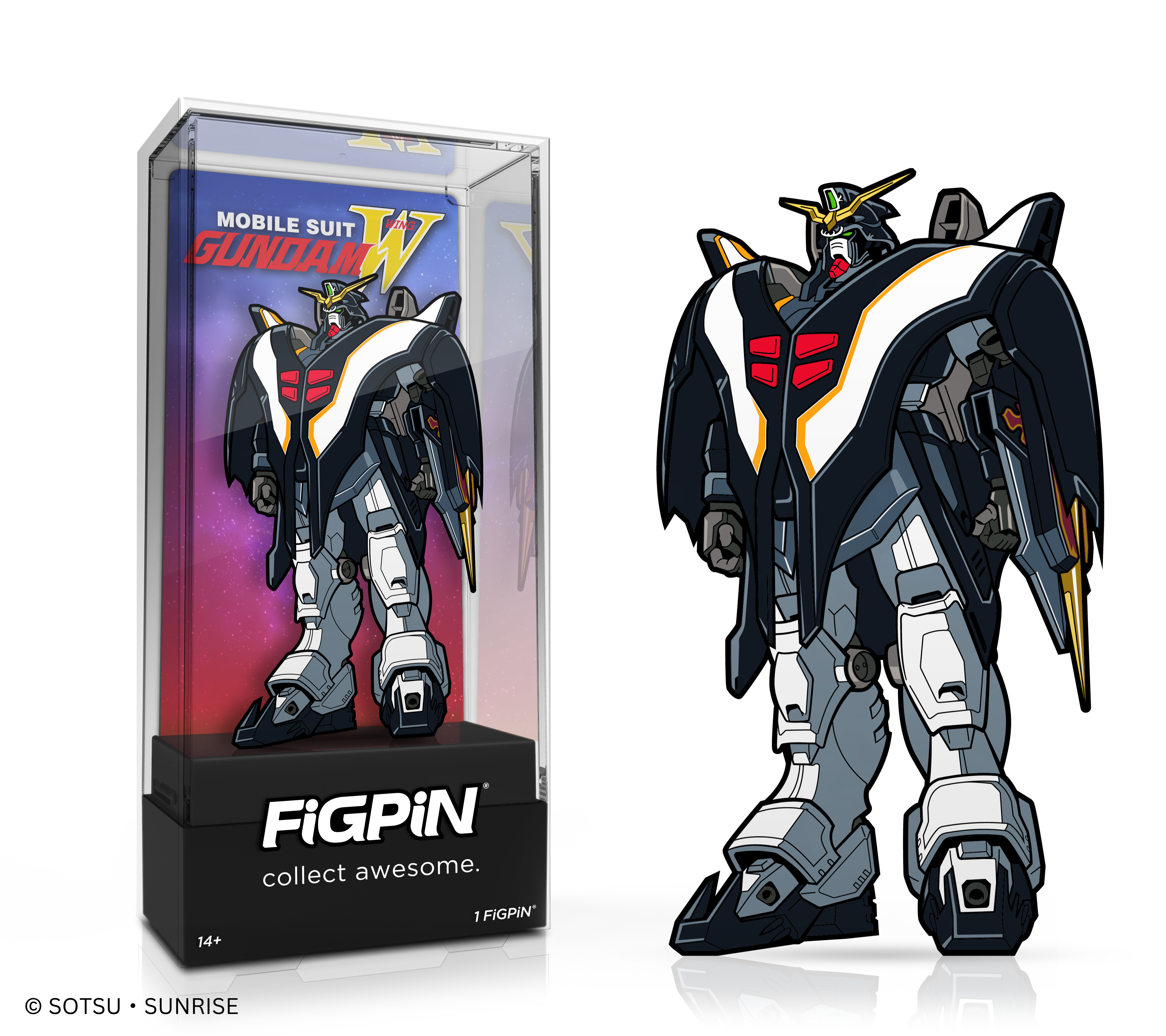 Side by side view of Mobile Suit Gundam Wing's Deathscythe Hellenamel pin in display case and the art render.