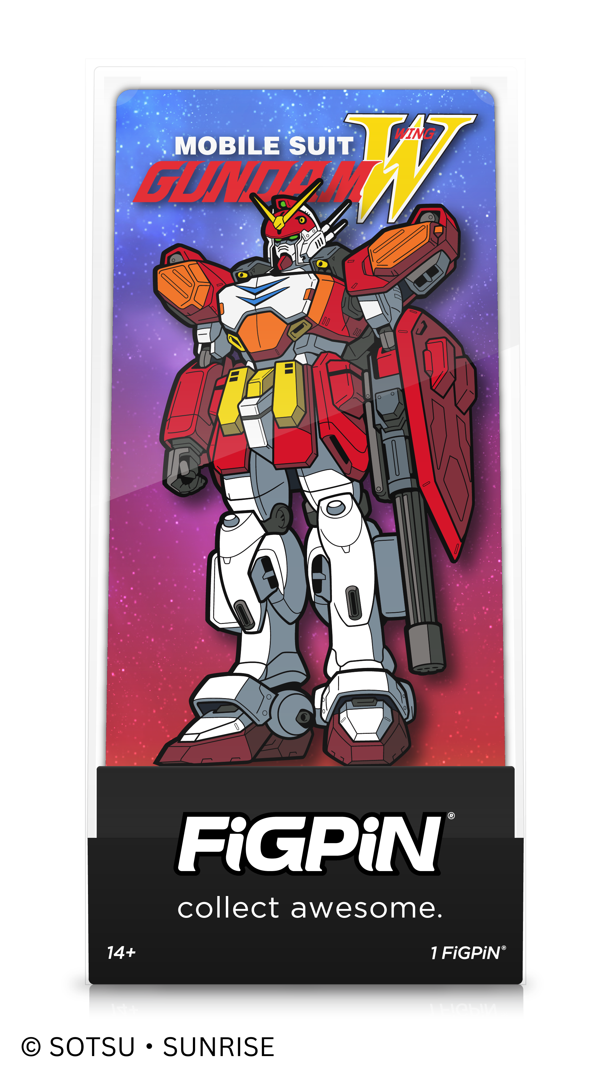 Front view of  Mobile Suit Gundam Wing's Heavyarms enamel pin inside FiGPiN Display case reading “collect awesome"