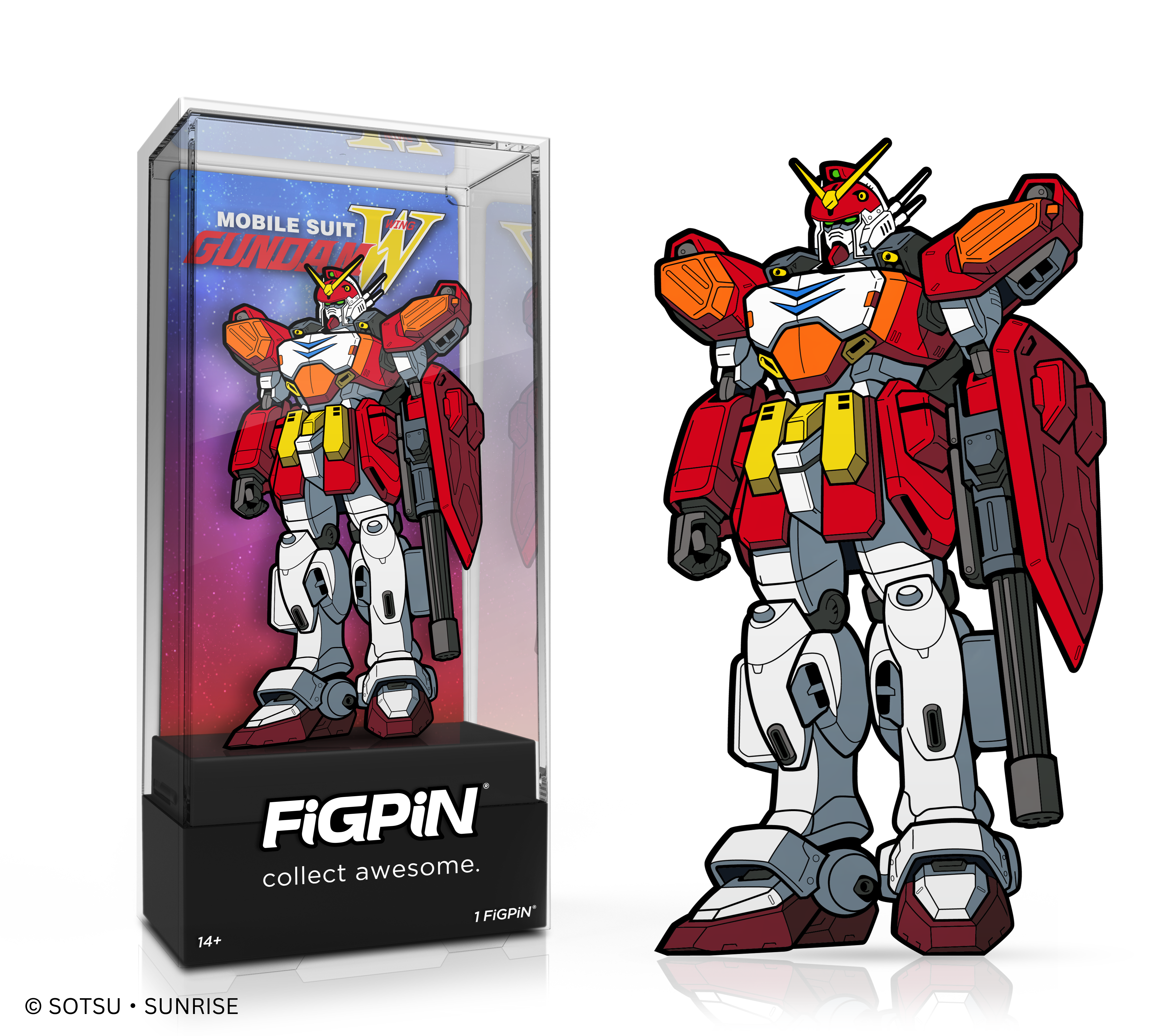 Side by side view of  Mobile Suit Gundam Wing's Heavyarms pin in display case and the art render.
