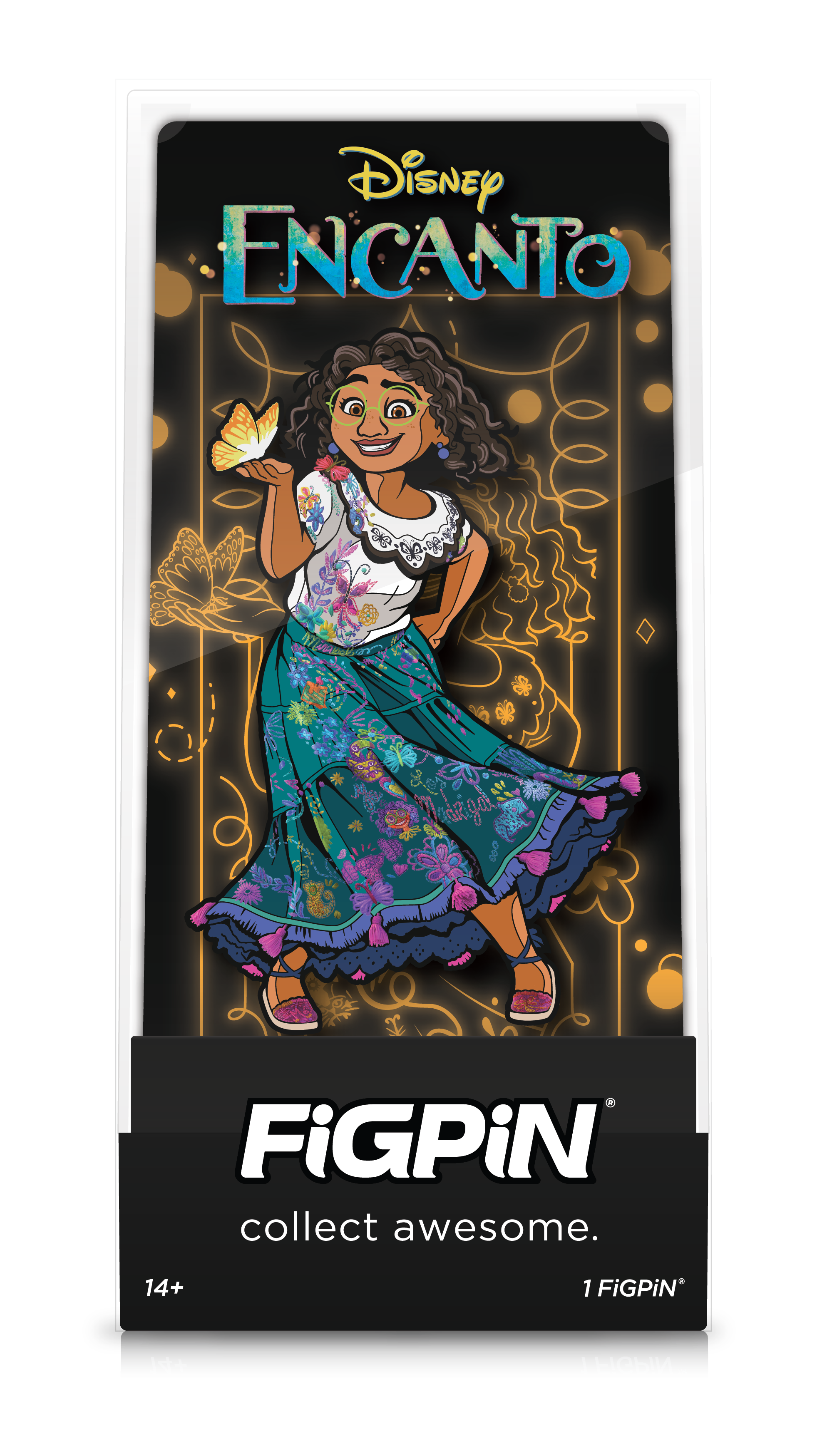 Front view of Disney's Encanto's Mirabel enamel pin inside FiGPiN Display case reading “collect awesome"