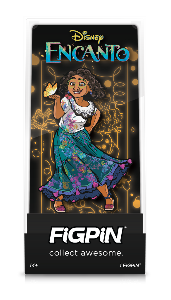 Front view of Disney's Encanto's Mirabel enamel pin inside FiGPiN Display case reading “collect awesome"