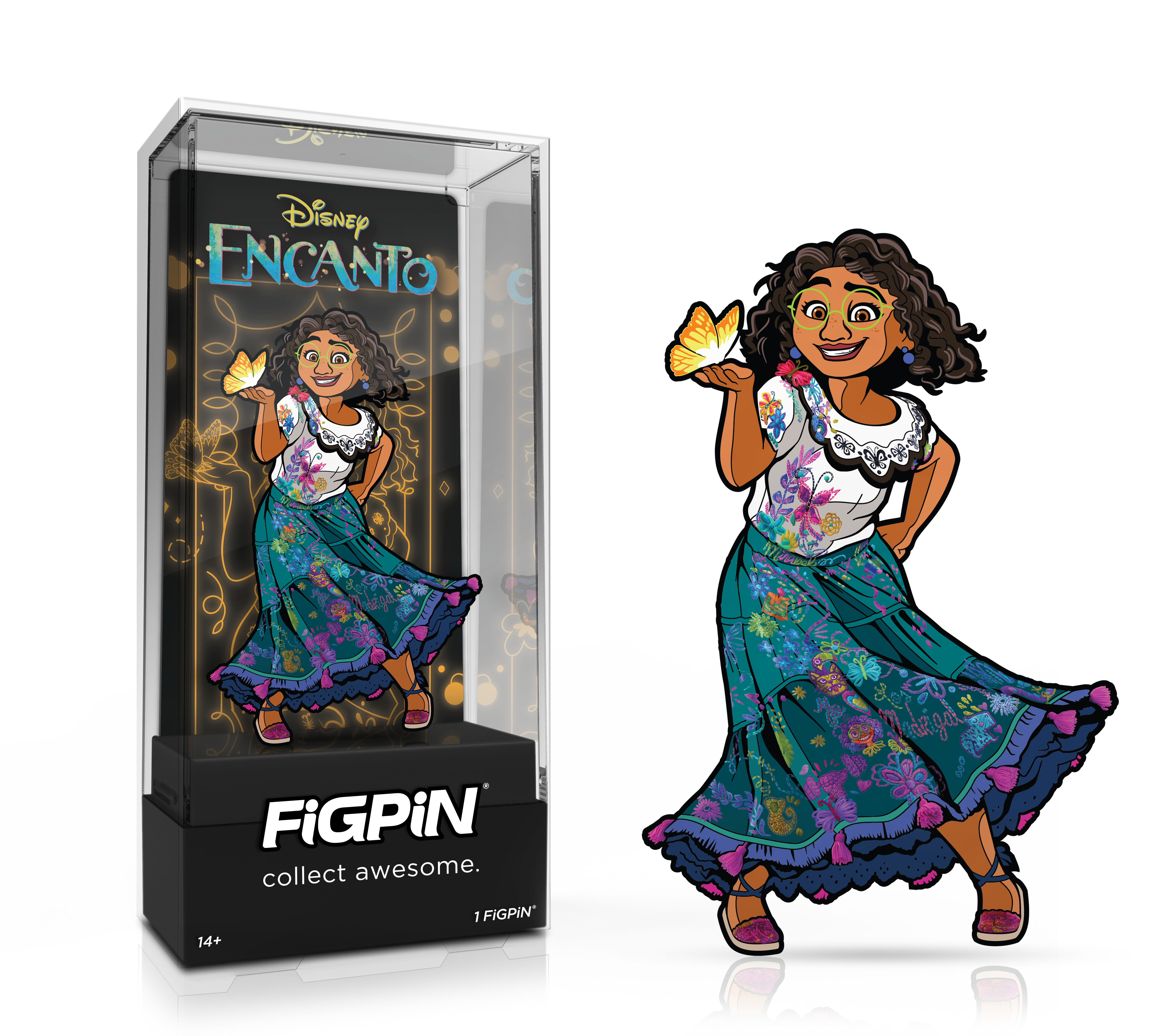 Side by side view of Disney's Encanto's Mirabel enamel pin in display case and the art render.