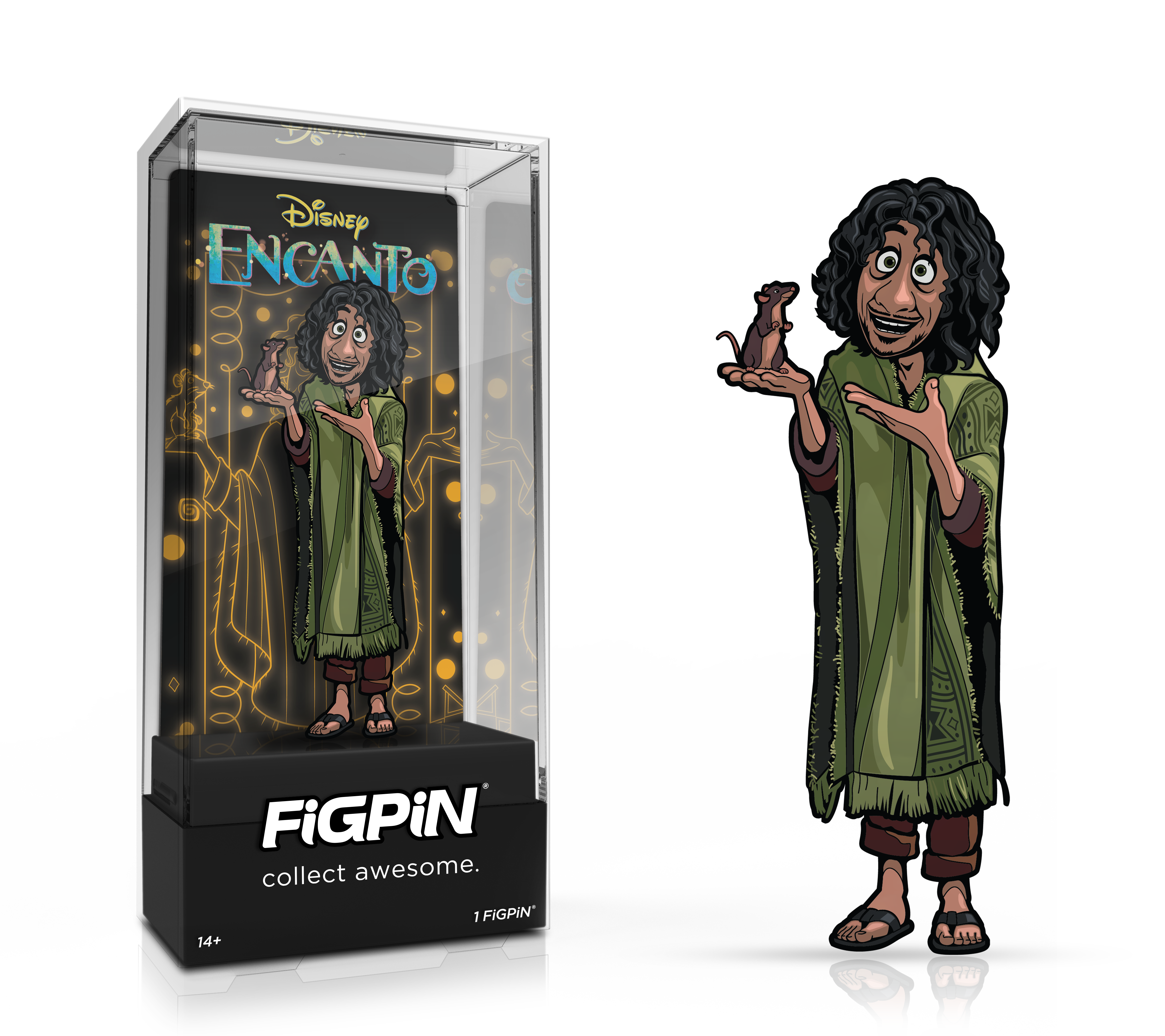 Side by side view of Disney's Encanto's Bruno enamel pin in display case and the art render.