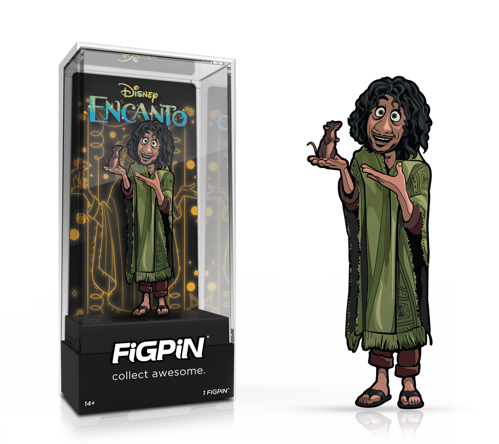 Side by side view of Disney's Encanto's Bruno enamel pin in display case and the art render.