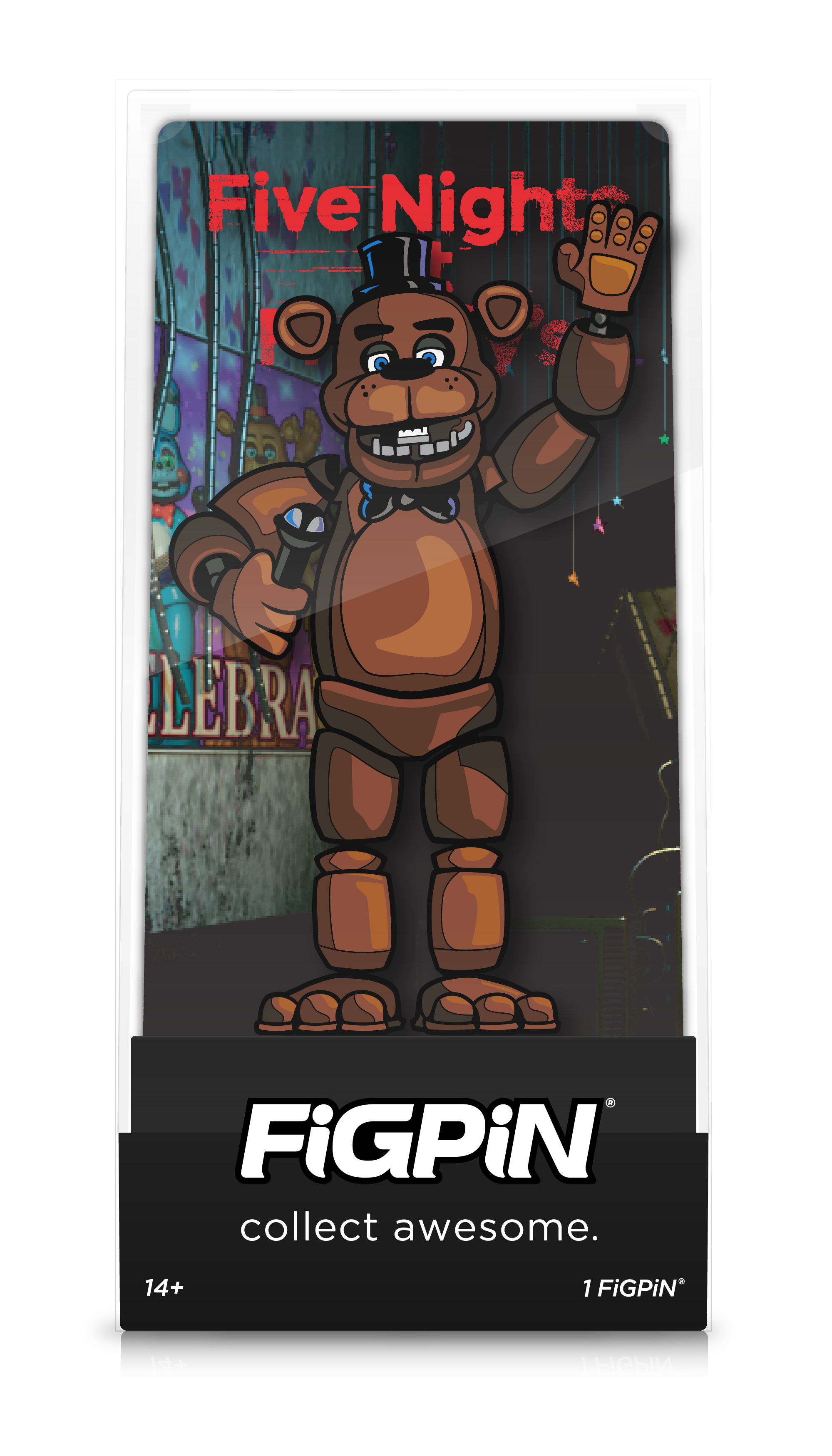 Front view of  Five Nights at Freddy's Freddy Fazbear enamel pin inside FiGPiN Display case reading “collect awesome"