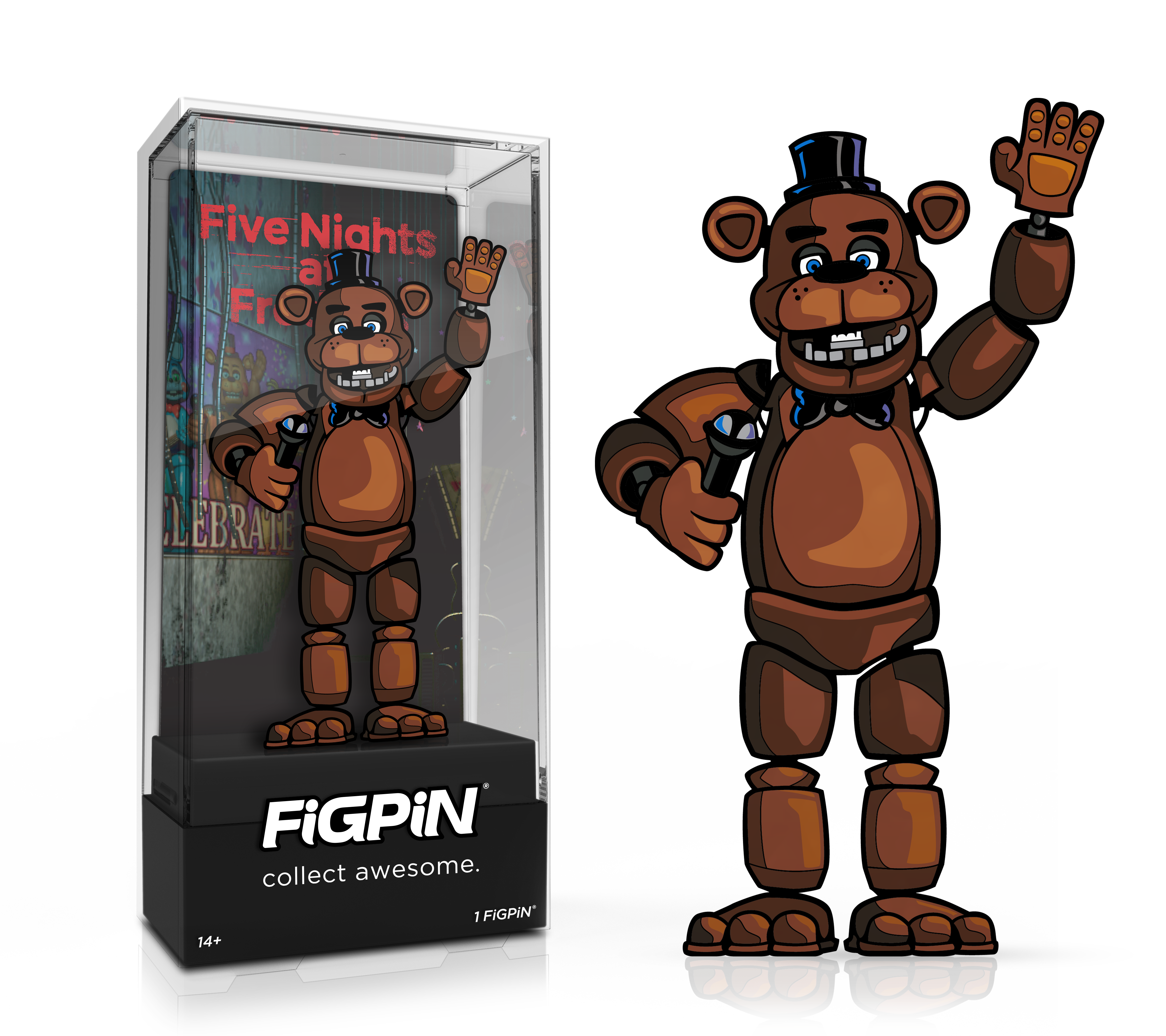 Side by side view of  Five Nights at Freddy's Freddy Fazbear enamel pin in display case and the art render.