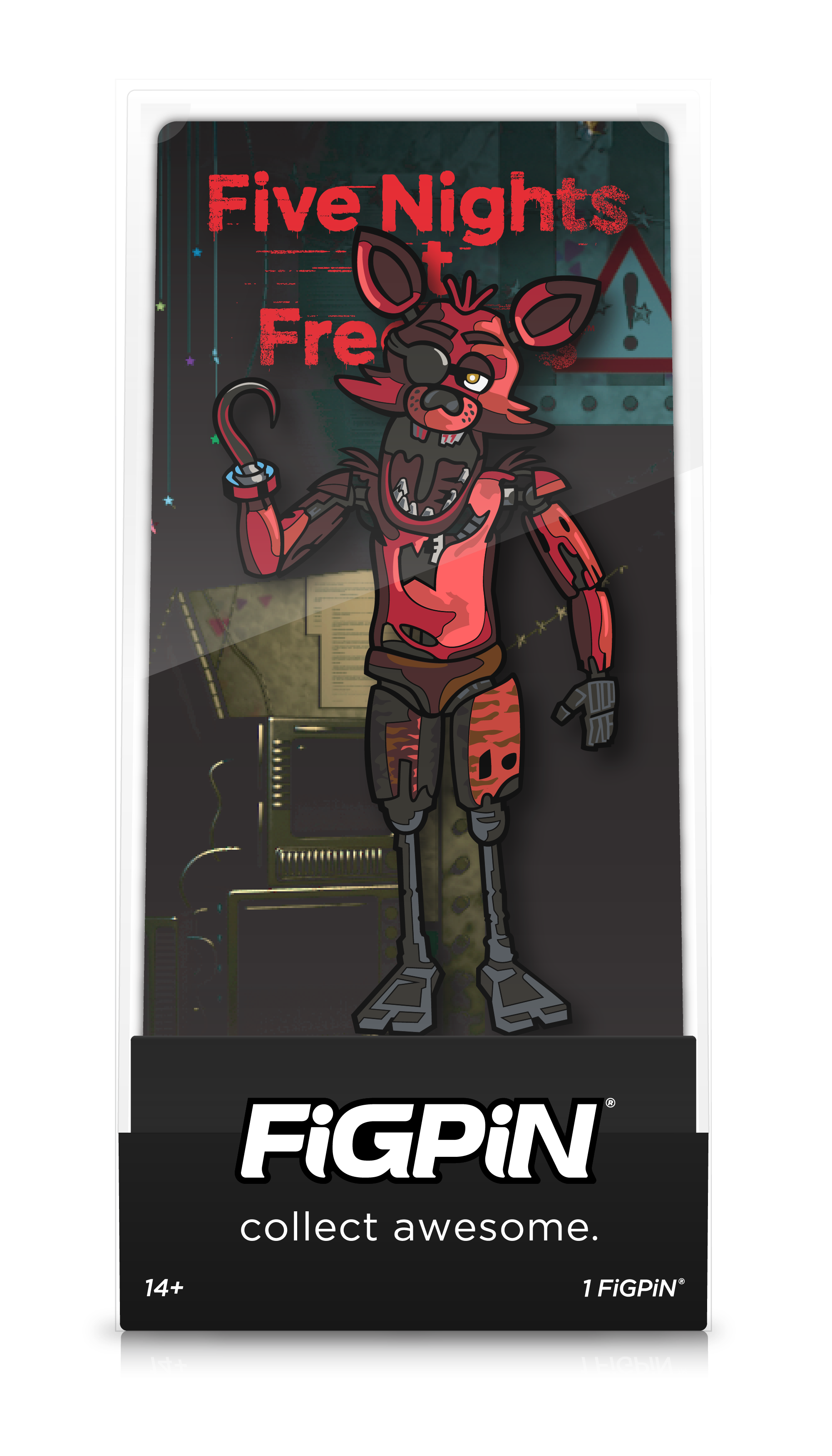 Front view of  Five Nights at Freddy's Foxy enamel pin inside FiGPiN Display case reading “collect awesome"