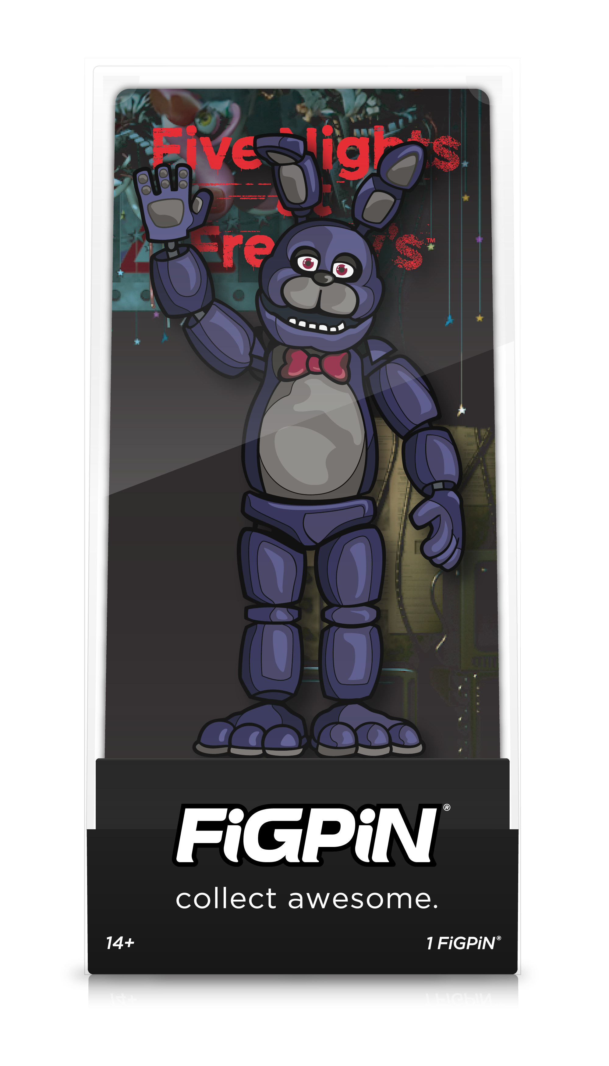 Front view of  Five Nights at Freddy's Bonnie enamel pin inside FiGPiN Display case reading “collect awesome"