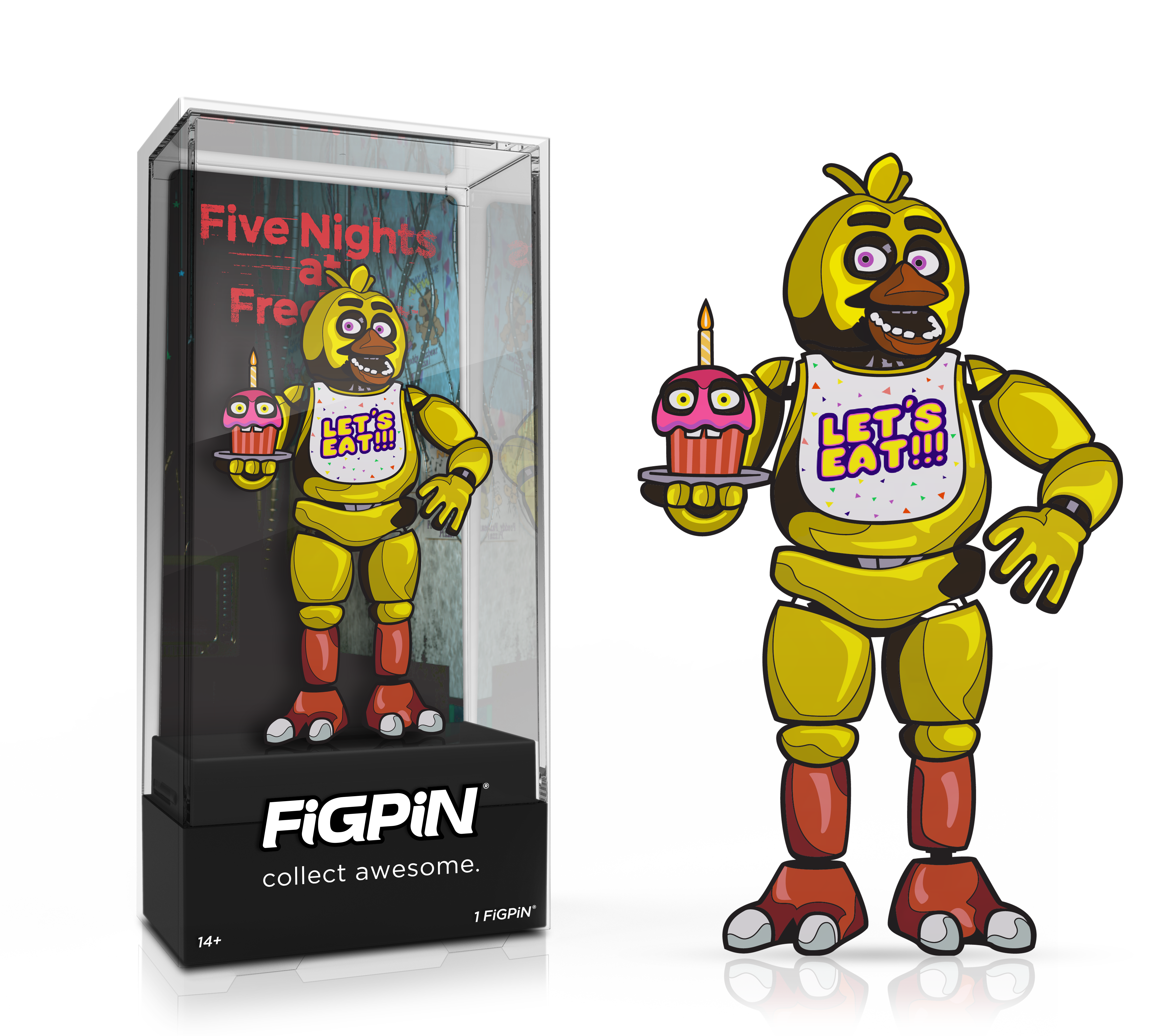 Side by side view of  Five Nights at Freddy's Chica enamel pin in display case and the art render.