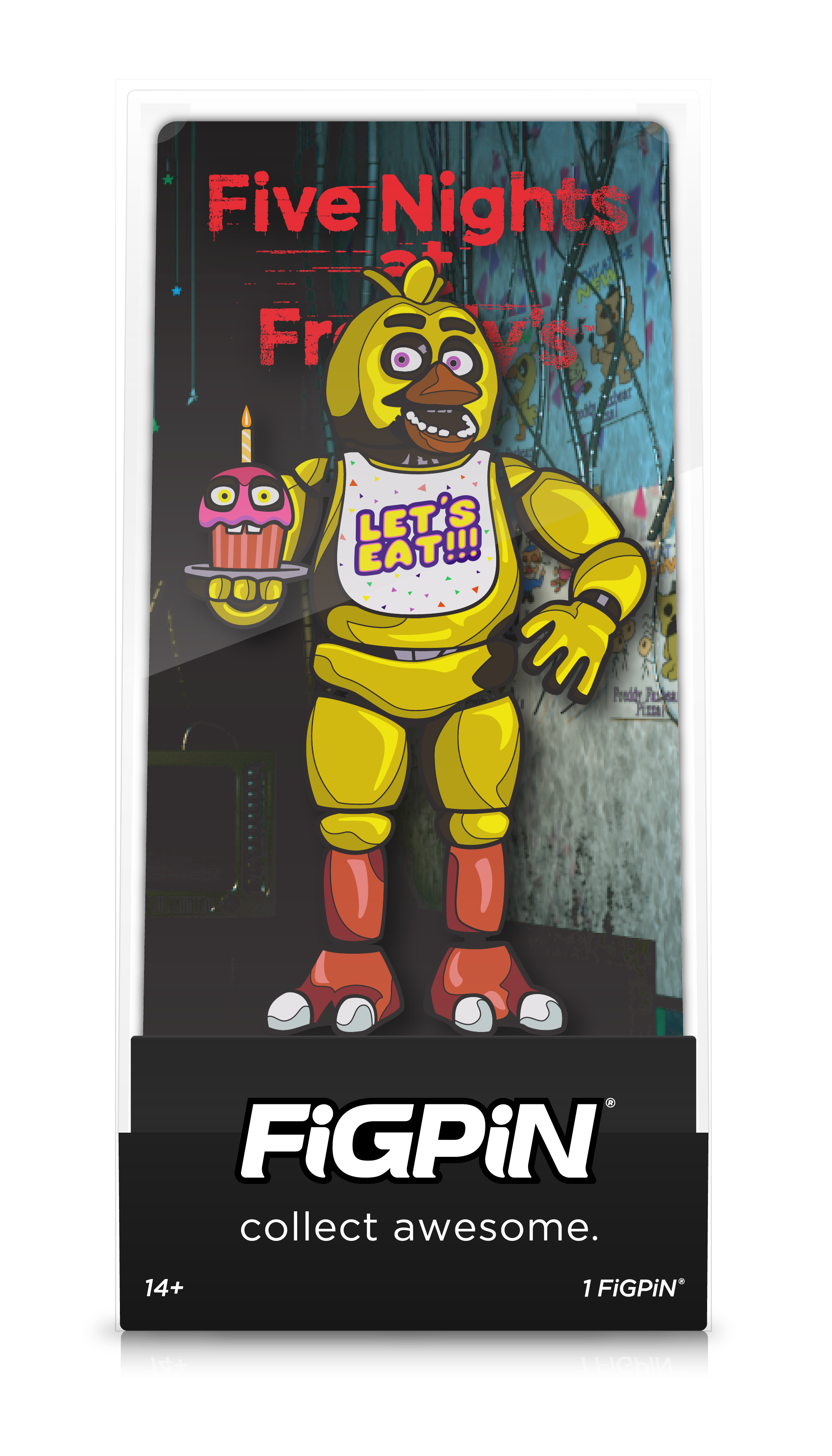 Front view of  Five Nights at Freddy's Chica enamel pin inside FiGPiN Display case reading “collect awesome"