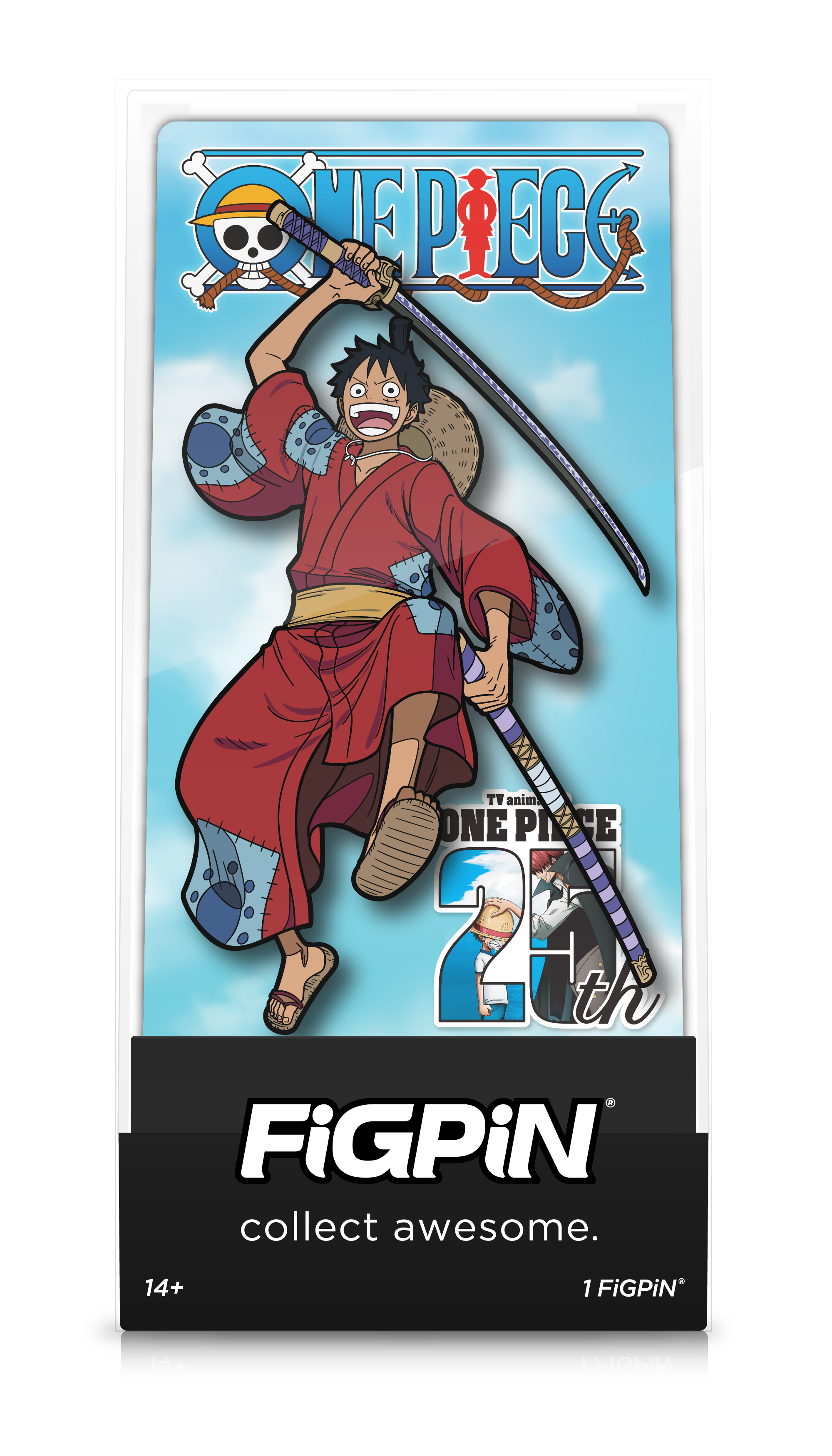 Front view of Luffytaro enamel pin inside FiGPiN Display case reading “FiGPiN - collect awesome”