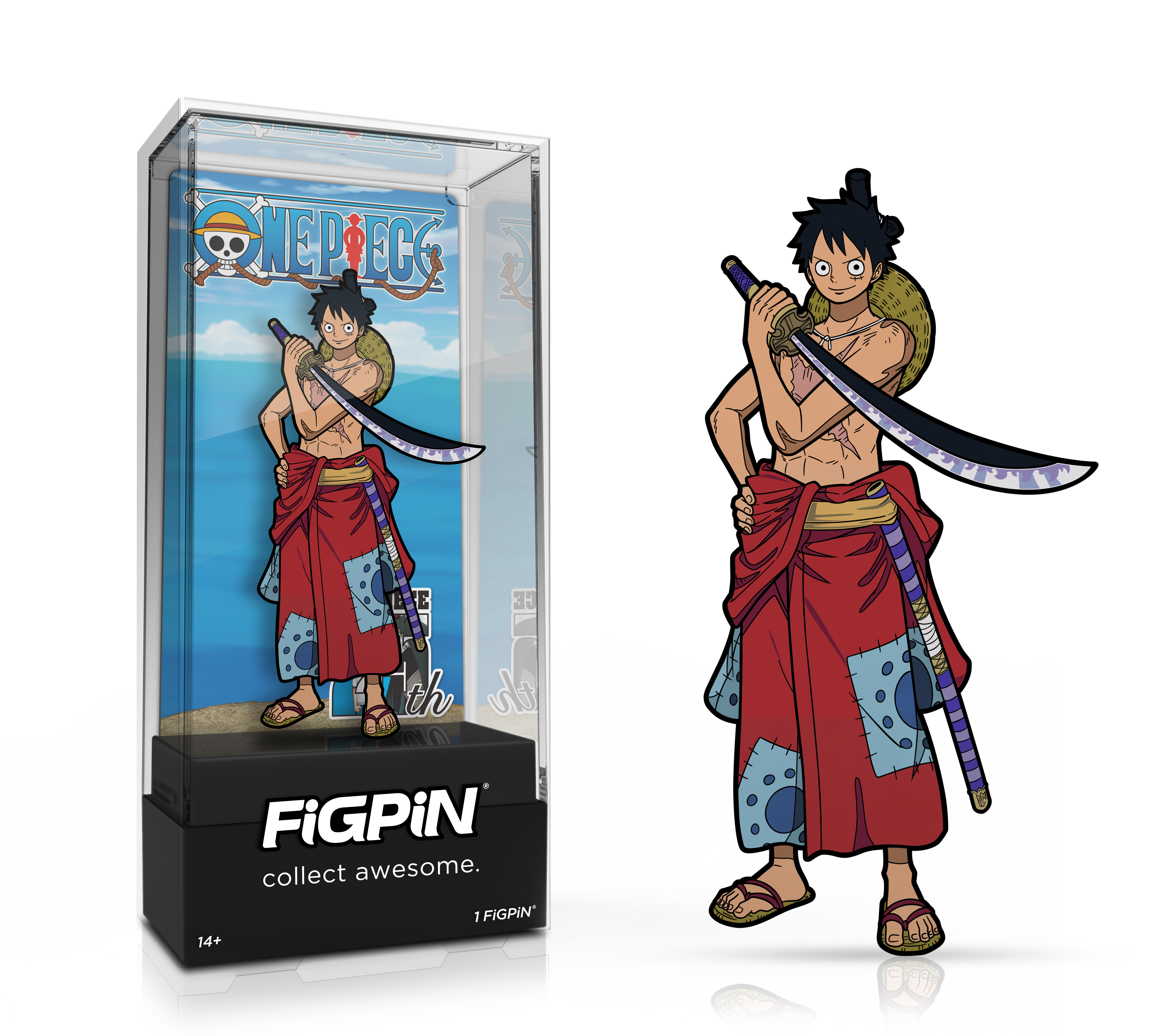 Side by side view of the Luffytaro enamel pin in display case and the art render.
