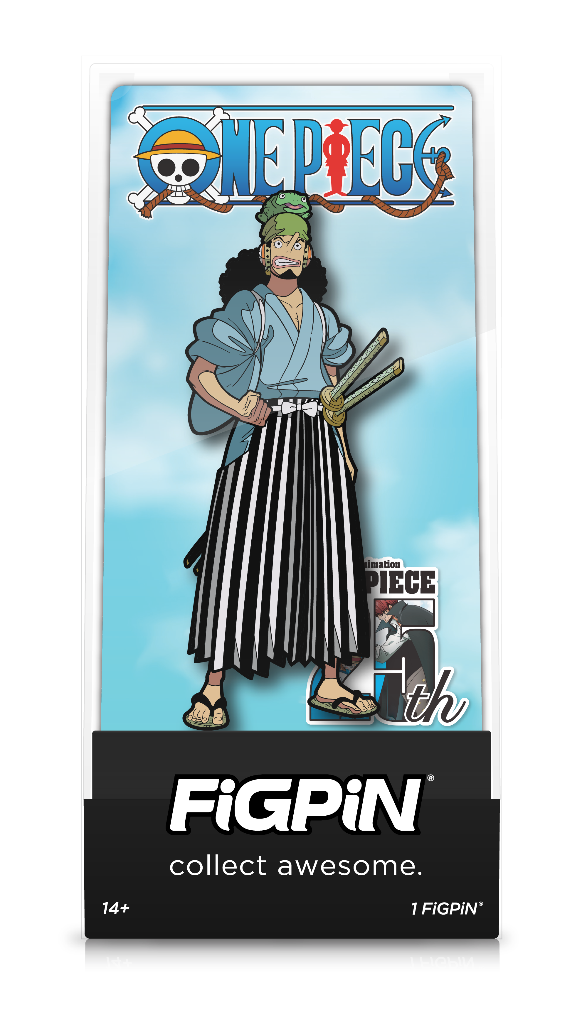 Front view of Usohachi enamel pin inside FiGPiN Display case reading “FiGPiN - collect awesome”