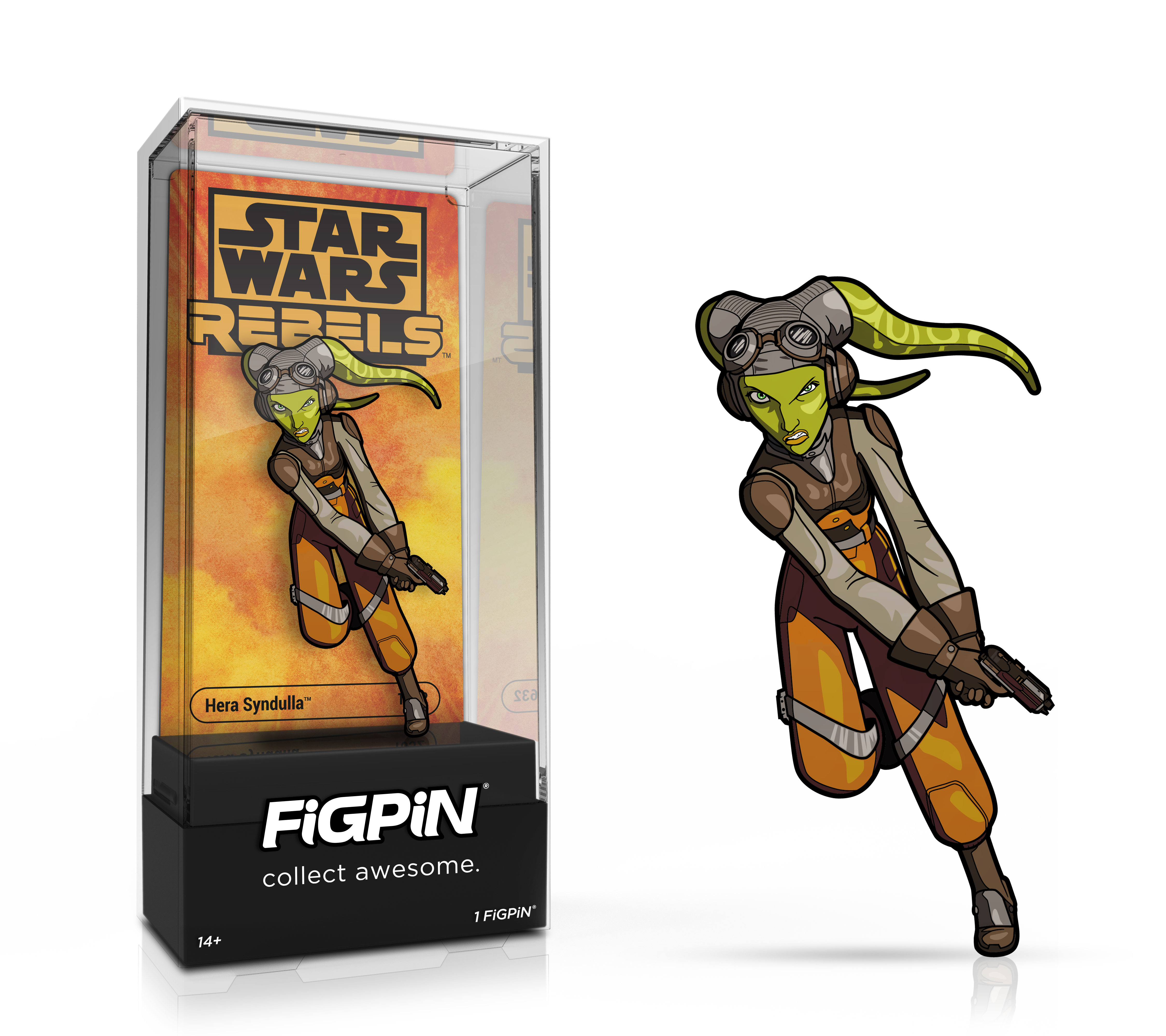 Side by side view of the STAR WARS REBELS Hera Syndulla enamel pin in display case and the art render.