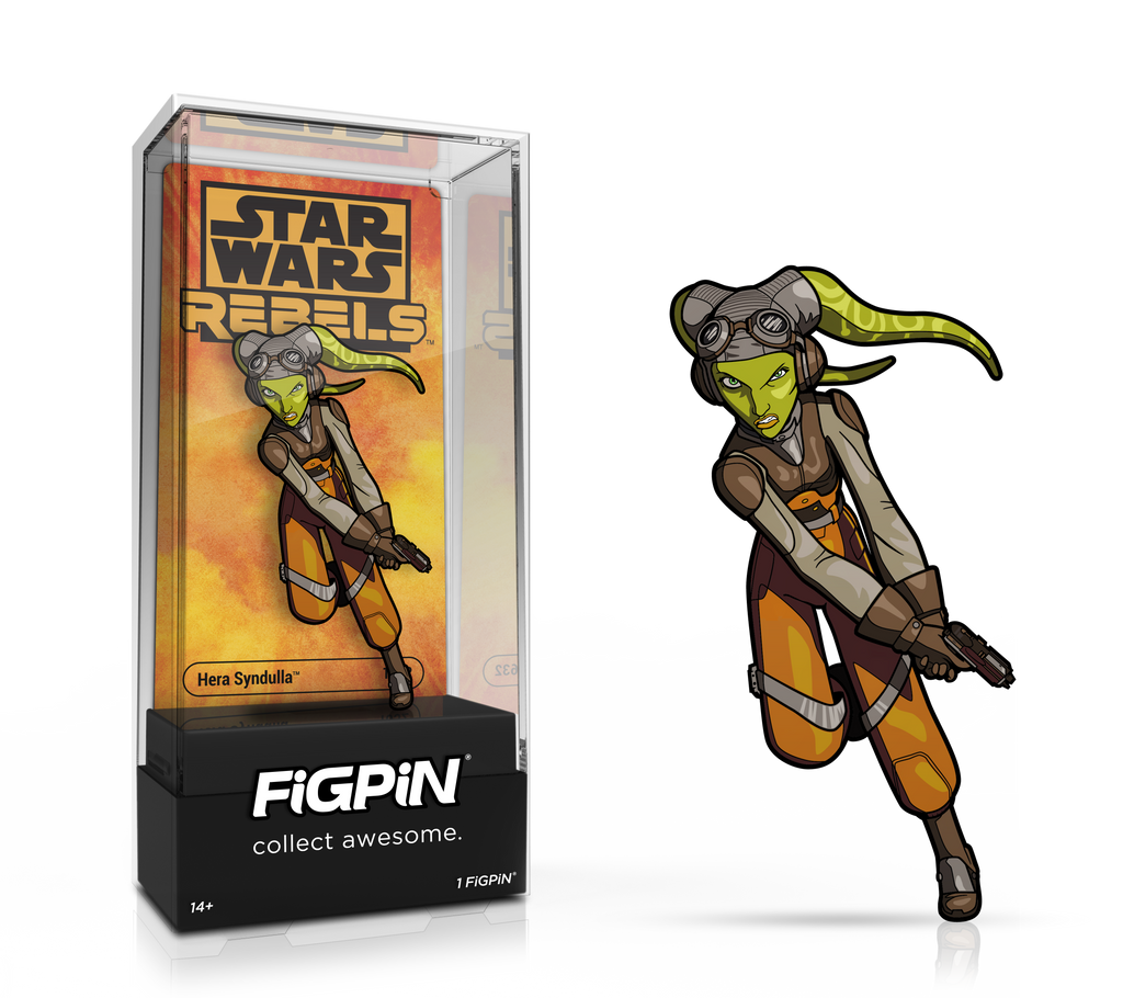 Side by side view of the STAR WARS REBELS Hera Syndulla enamel pin in display case and the art render.