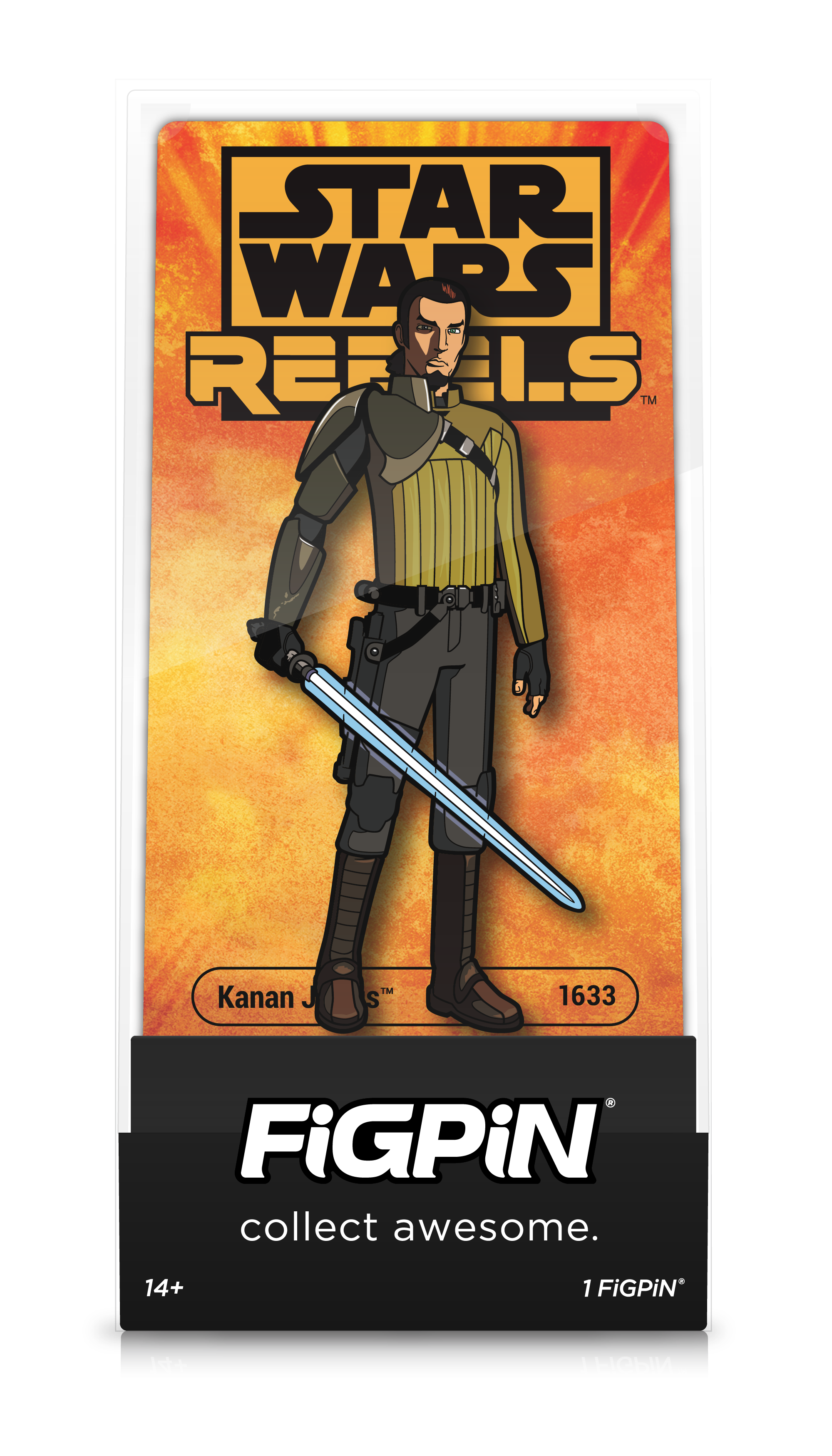 Front view of STAR WARS REBELS' Kanan Jarrus enamel pin inside FiGPiN display case reading "collect awesome"