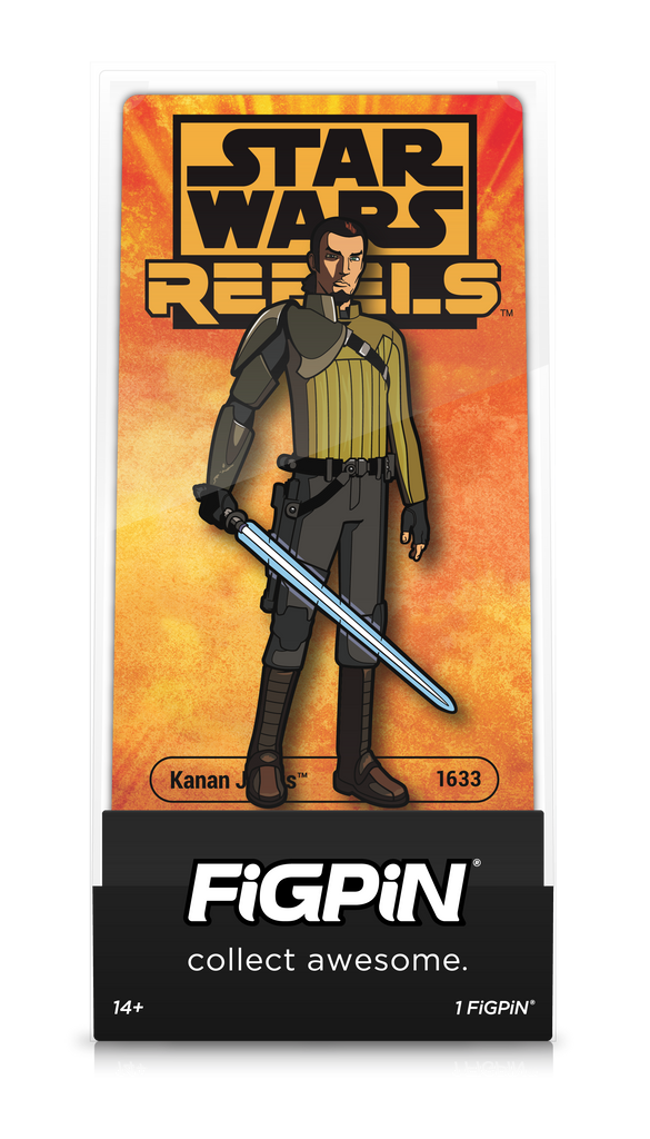 Front view of STAR WARS REBELS' Kanan Jarrus enamel pin inside FiGPiN display case reading "collect awesome"