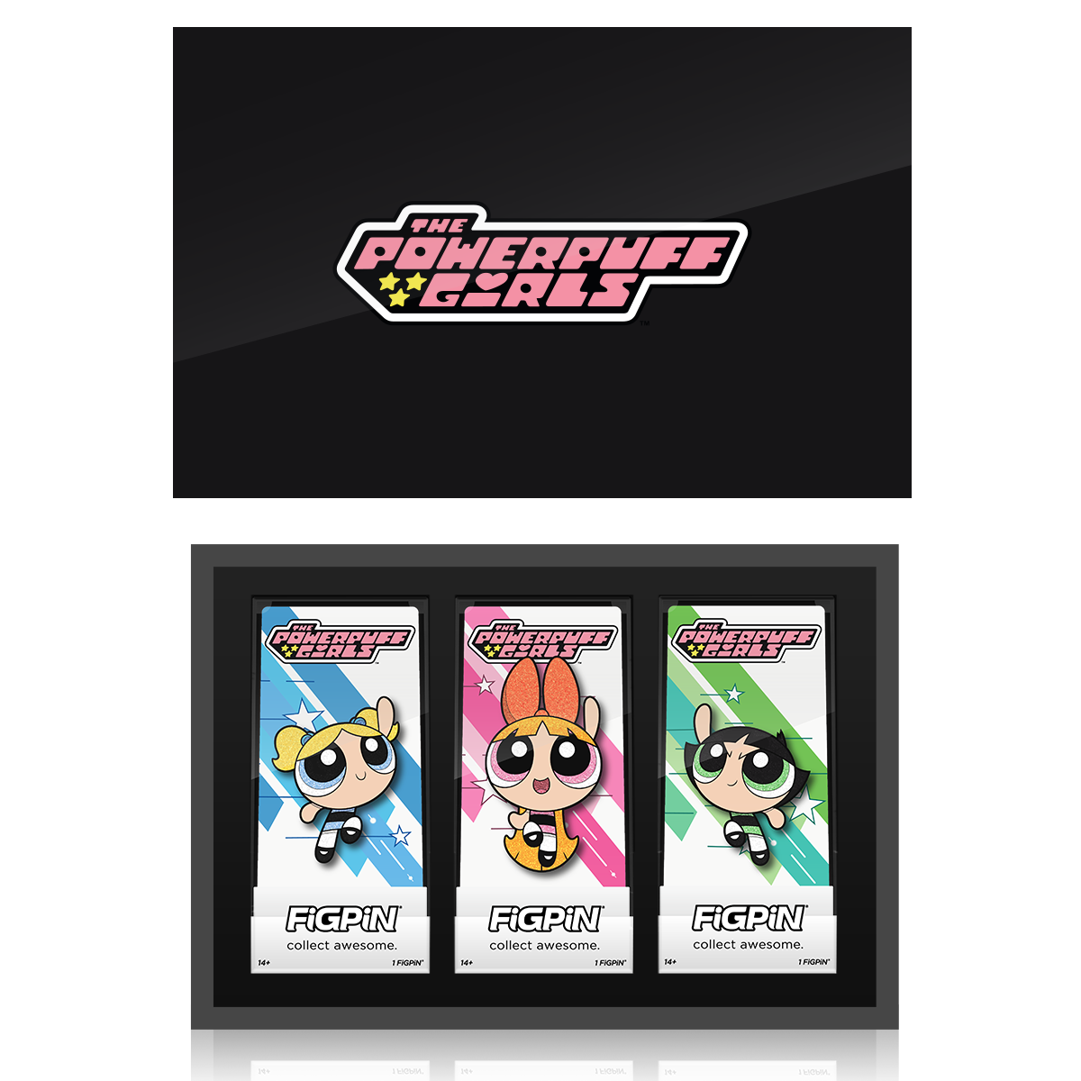 Art Render of The Powerpuff Girl's Bubbles, Blossom, and Buttercup inside the display cases and the outside design of the box set