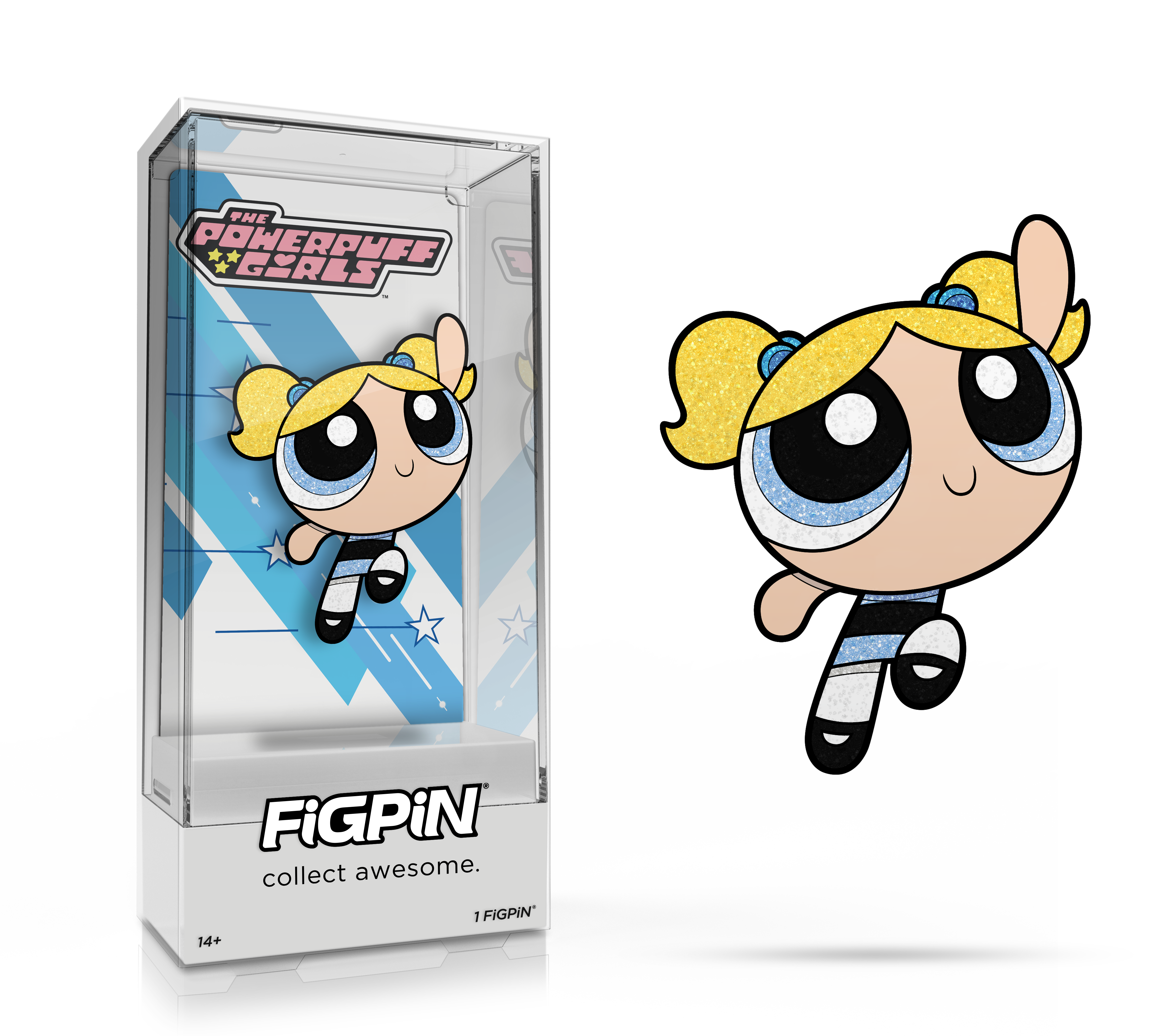 Side by side view of the Bubbles enamel pin in display case and the art render.
