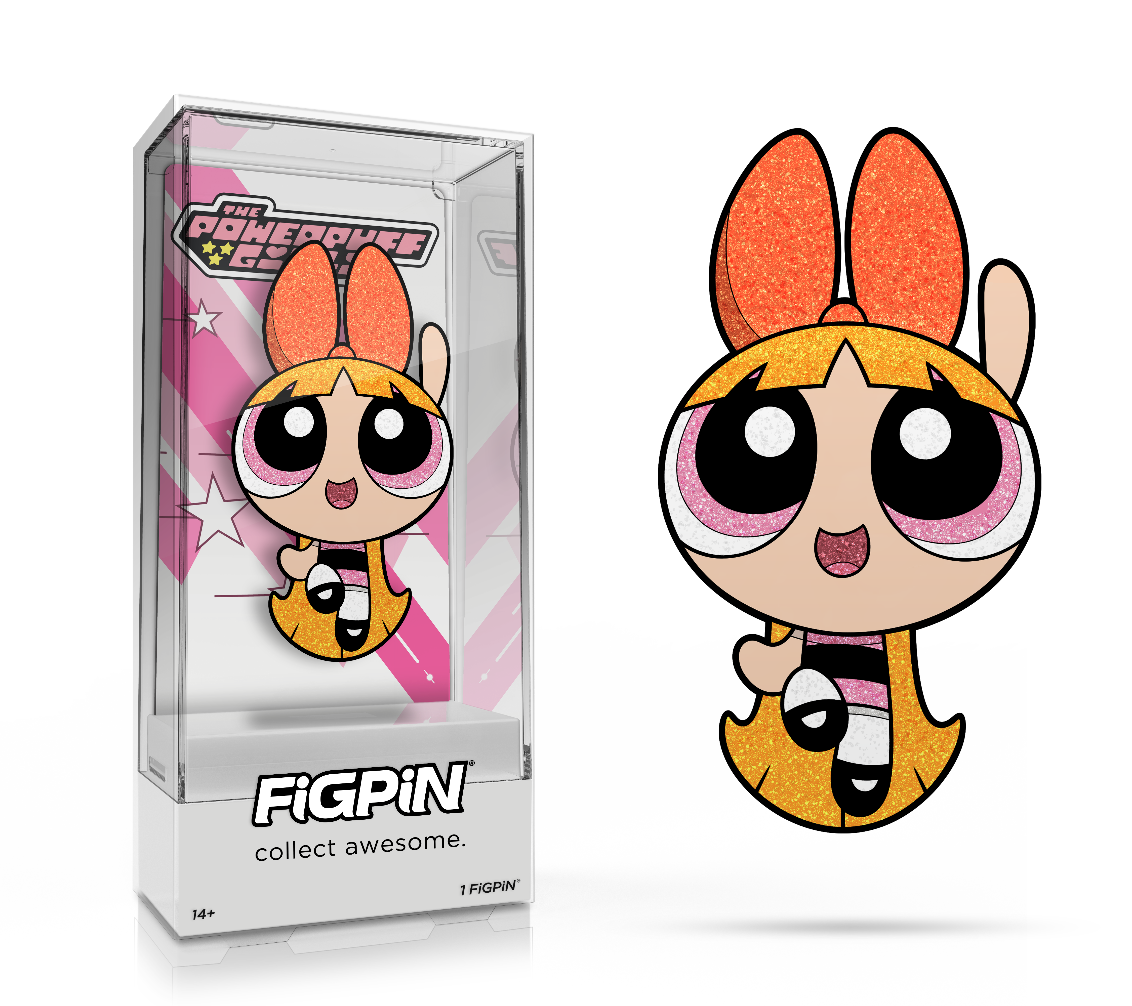 Side by side view of the Blossom enamel pin in display case and the art render.