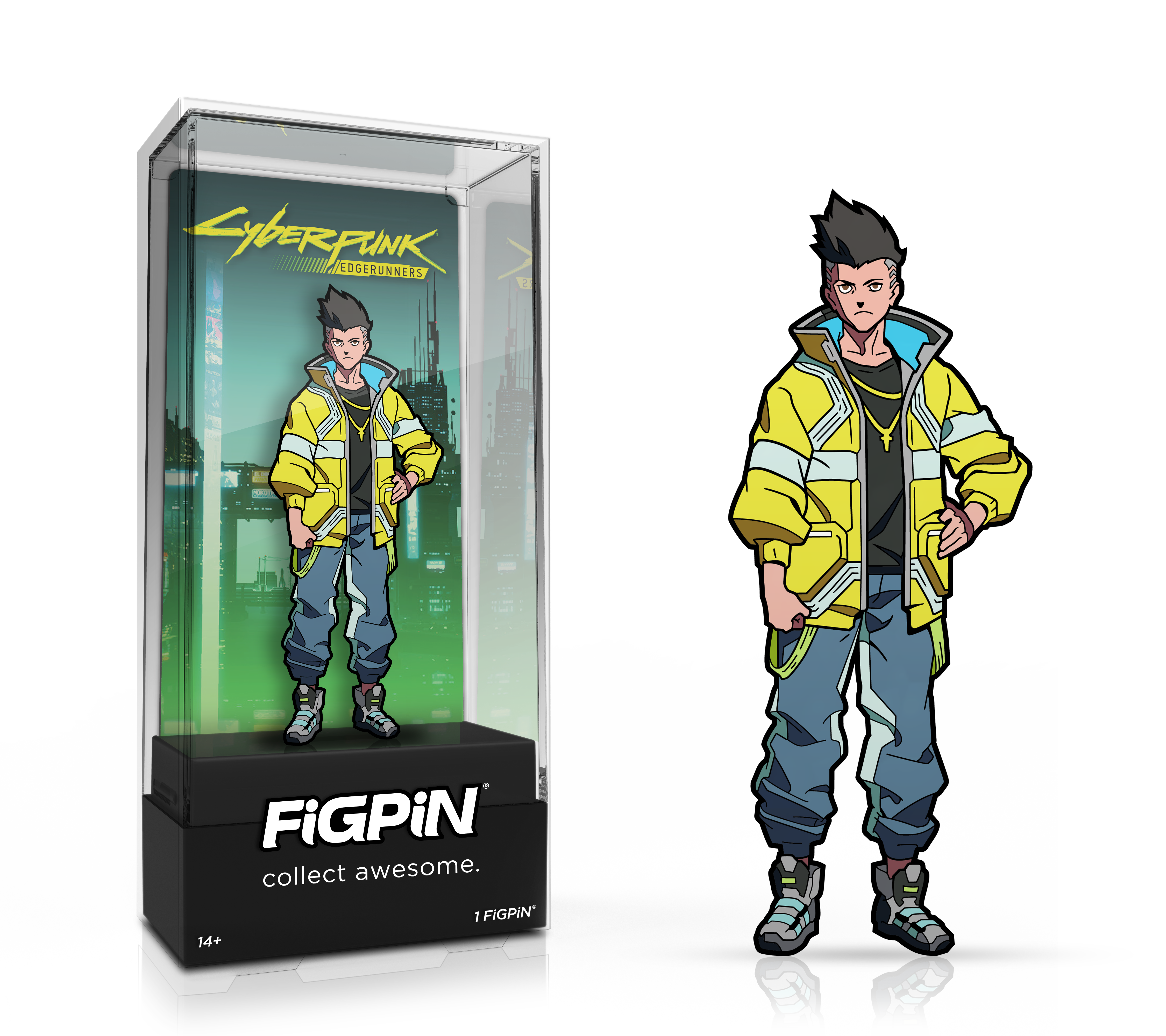 Side by side view of the David Martinez enamel pin in display case and the art render.
