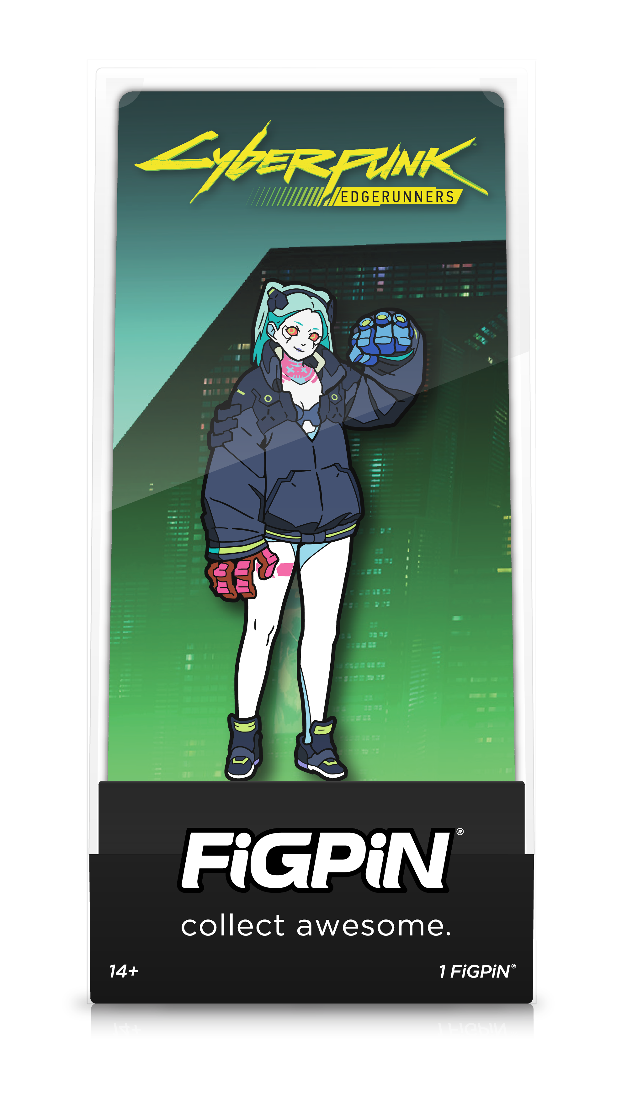 Front view of Rebecca enamel pin inside FiGPiN Display case reading “FiGPiN - collect awesome”