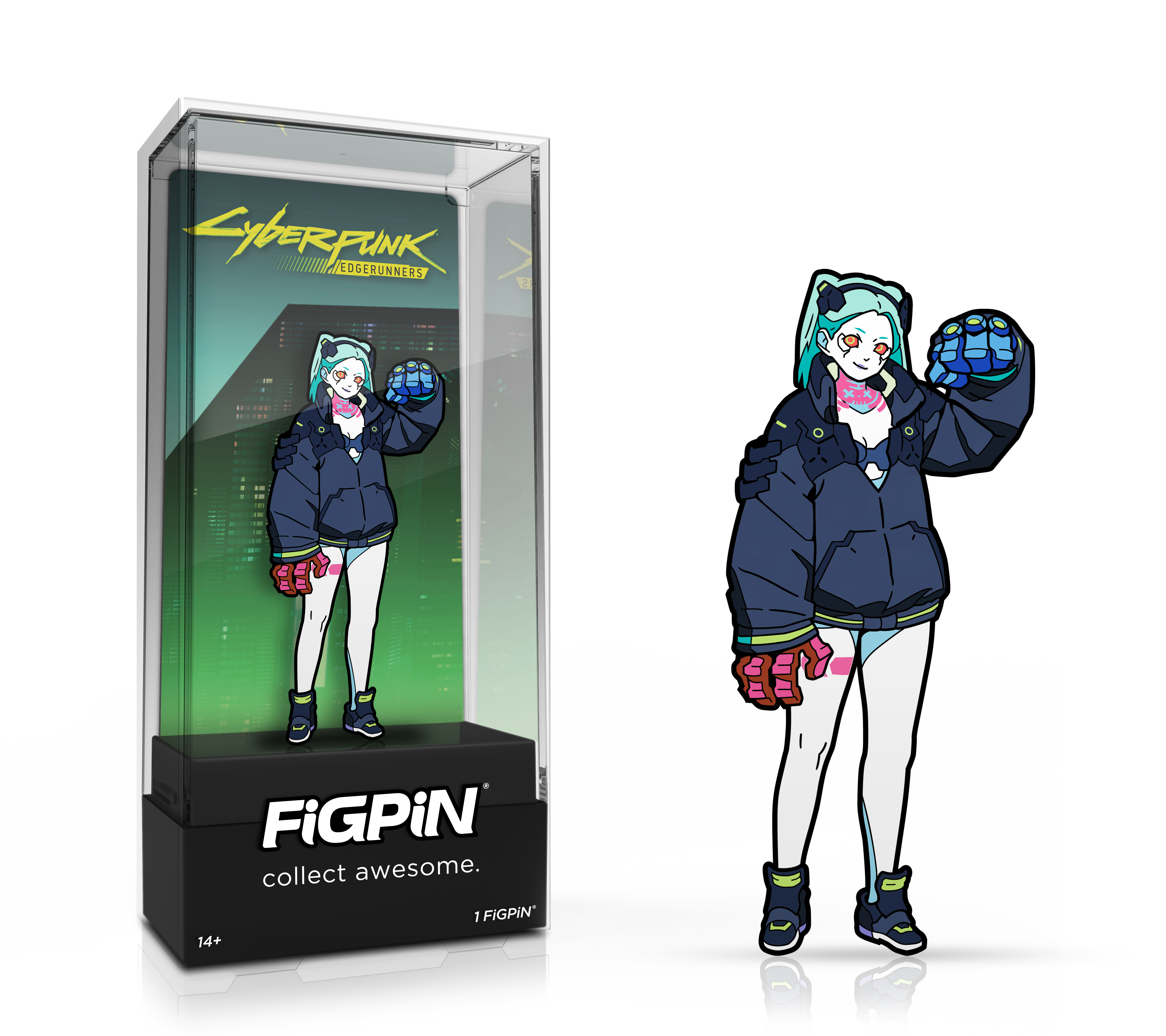 Side by side view of the Rebecca enamel pin in display case and the art render.