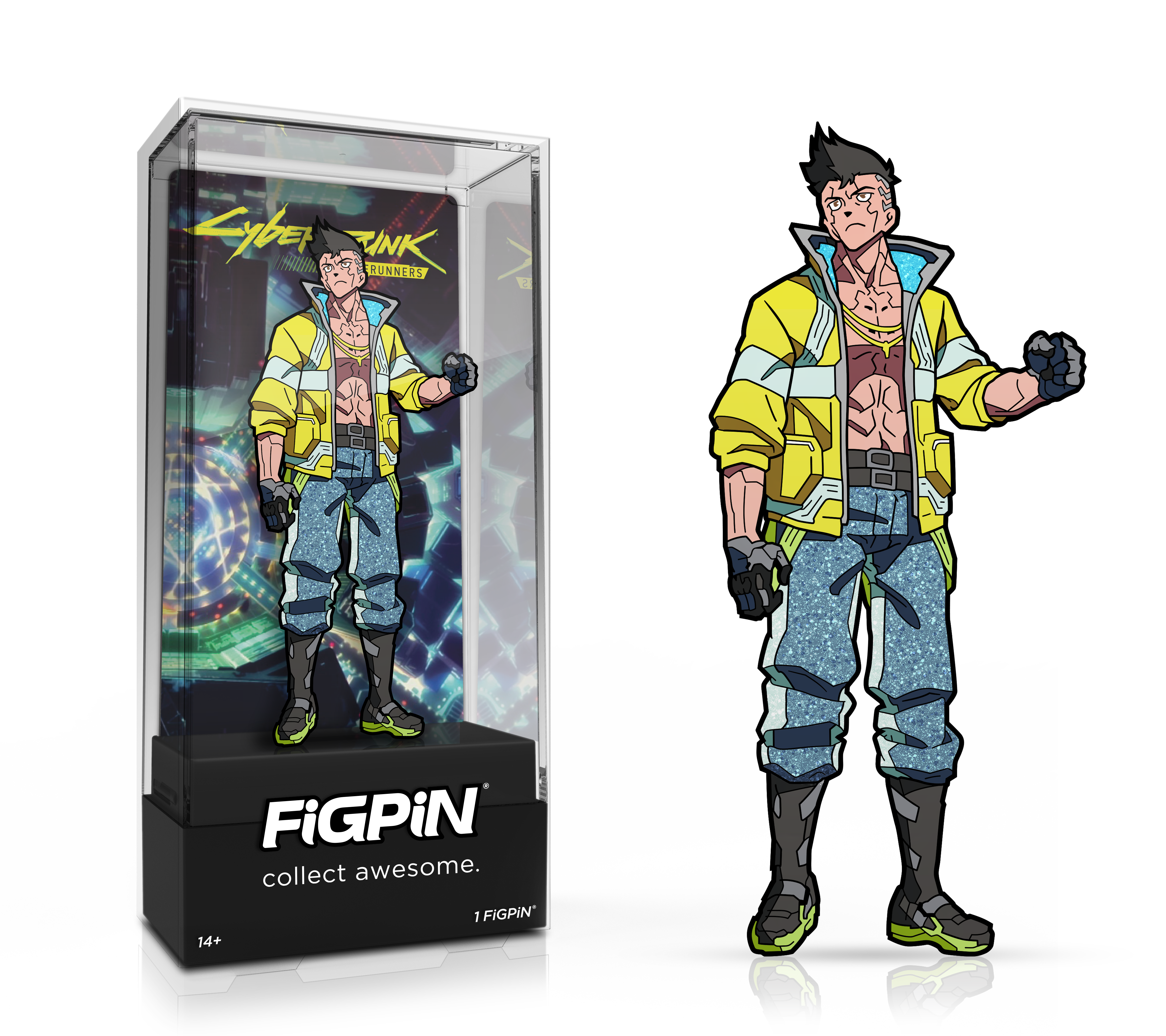 Side by side view of the David Martinez enamel pin in display case and the art render.