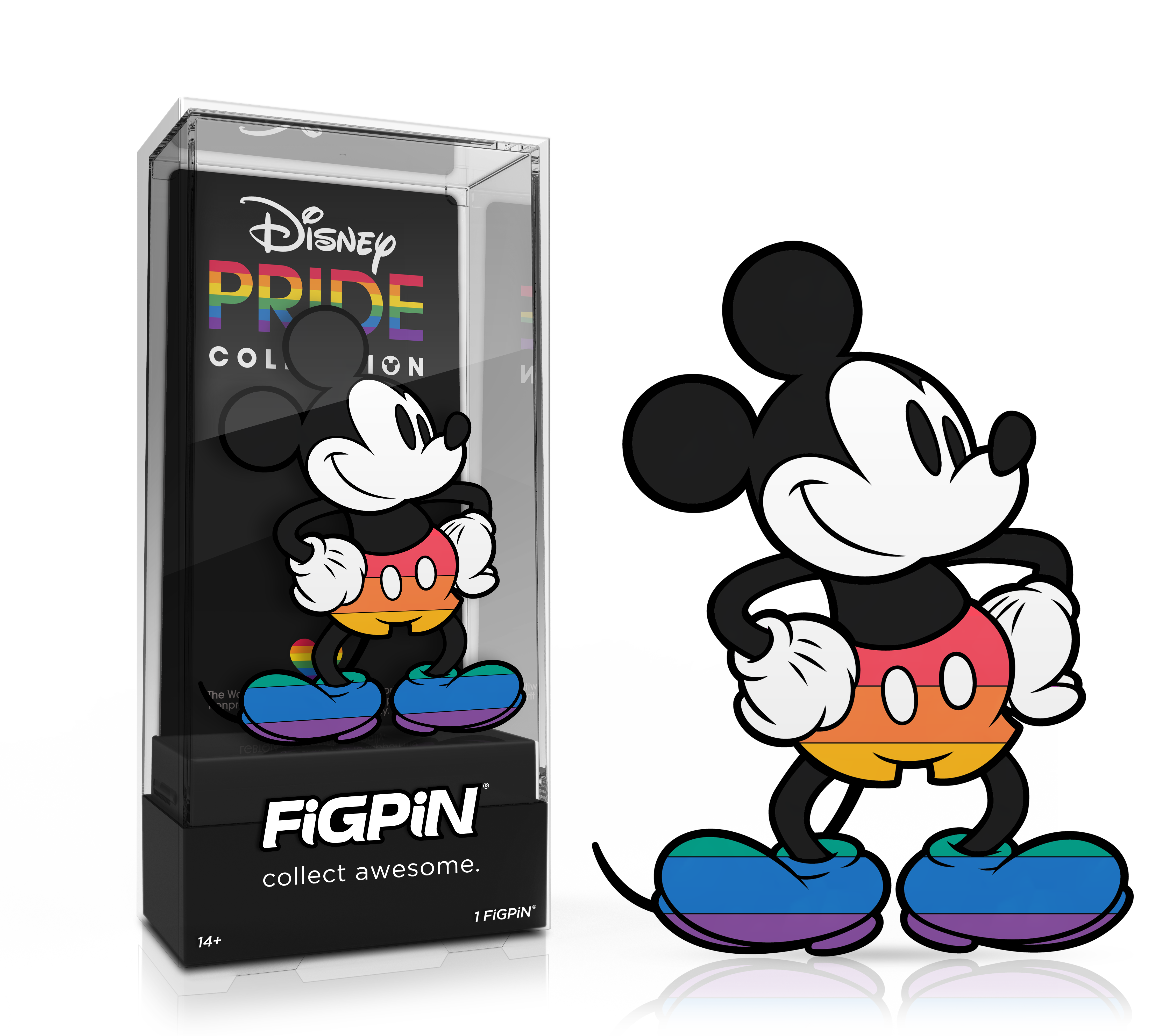 Side by side view of the Mickey Mouse enamel pin in display case and the art render. Side by side view of the Mickey Mouse enamel pin in display case and the art render.