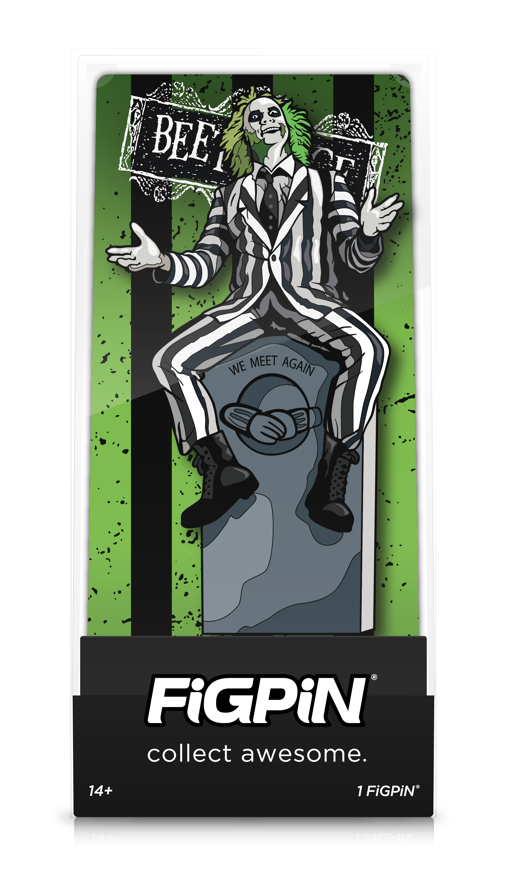 Front view of Beetlejuice enamel pin inside FiGPiN Display case reading “FiGPiN - collect awesome”