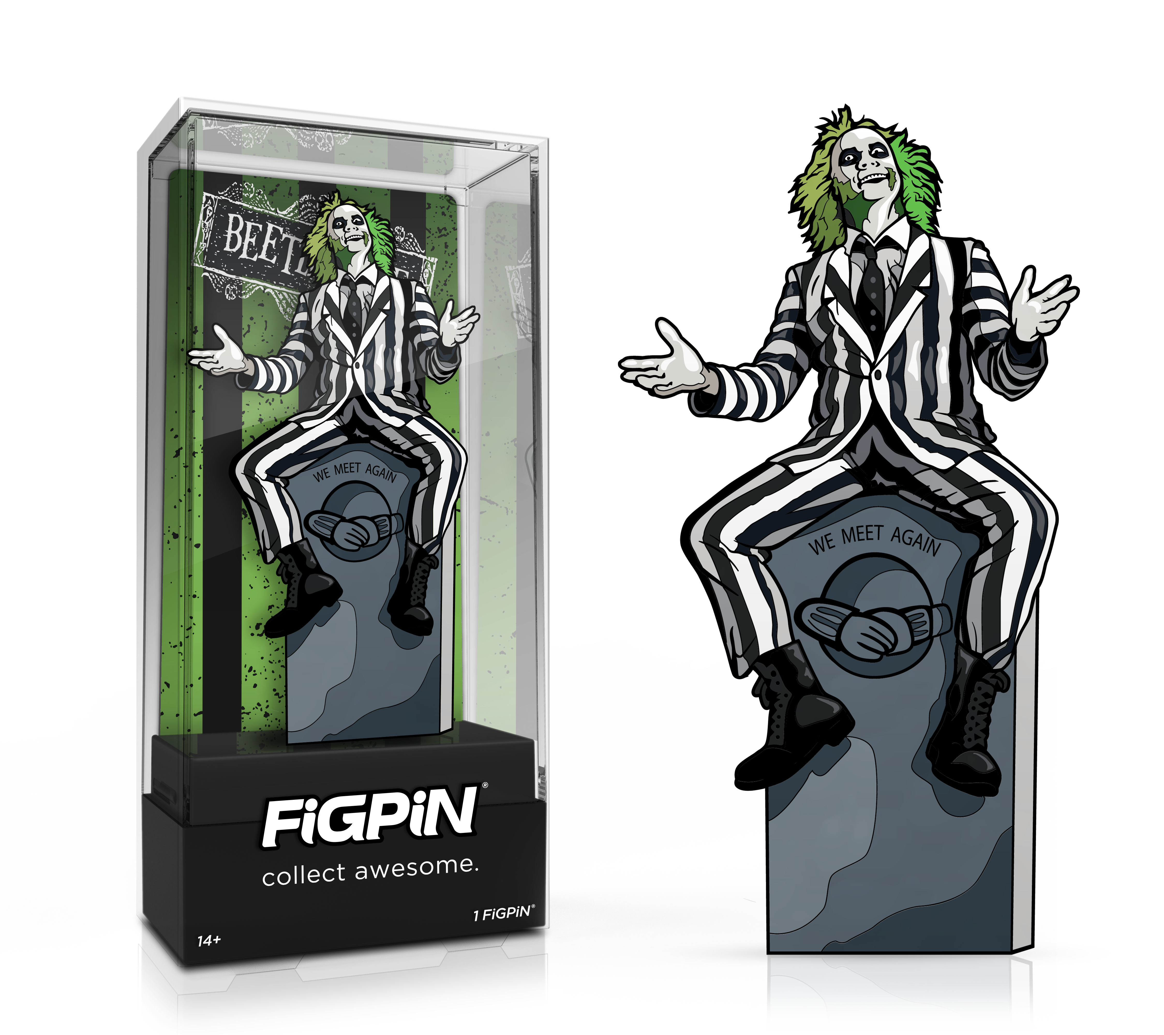 Side by side view of the Beetlejuice enamel pin in display case and the art render.