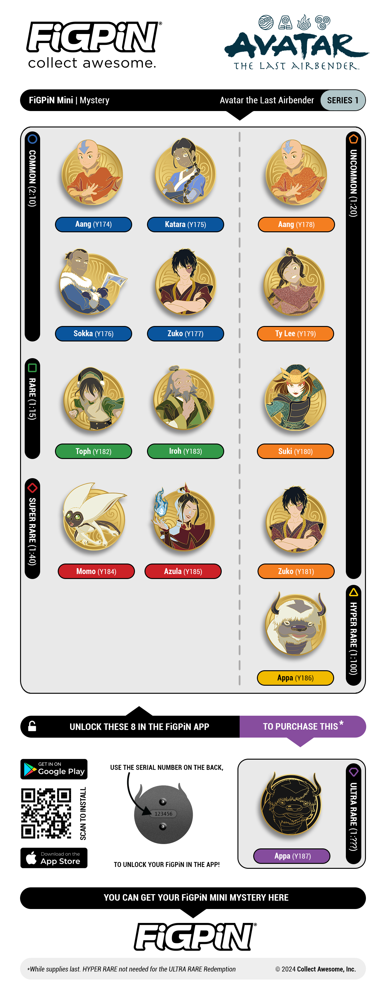Rarity Sheet breaking down Avatar: The Last Airbender Mystery Minis collectibility. Sheet contains item numbers, rarities per character, and how to unlock on the FiGPiN APP