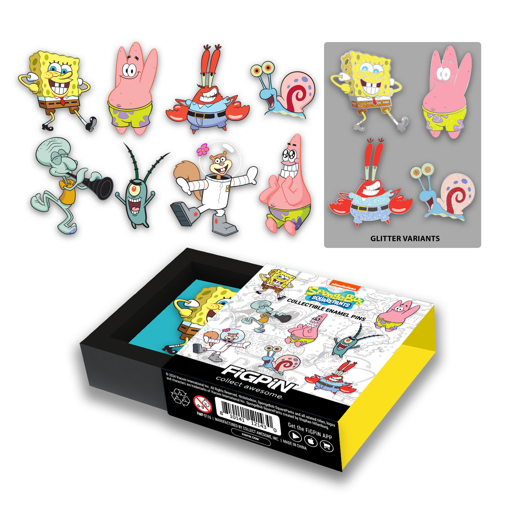 Individual SpongeBob Squarepants Mystery Minis blind box with 12 art renders of possible SpongeBob Squarepants characters above the box