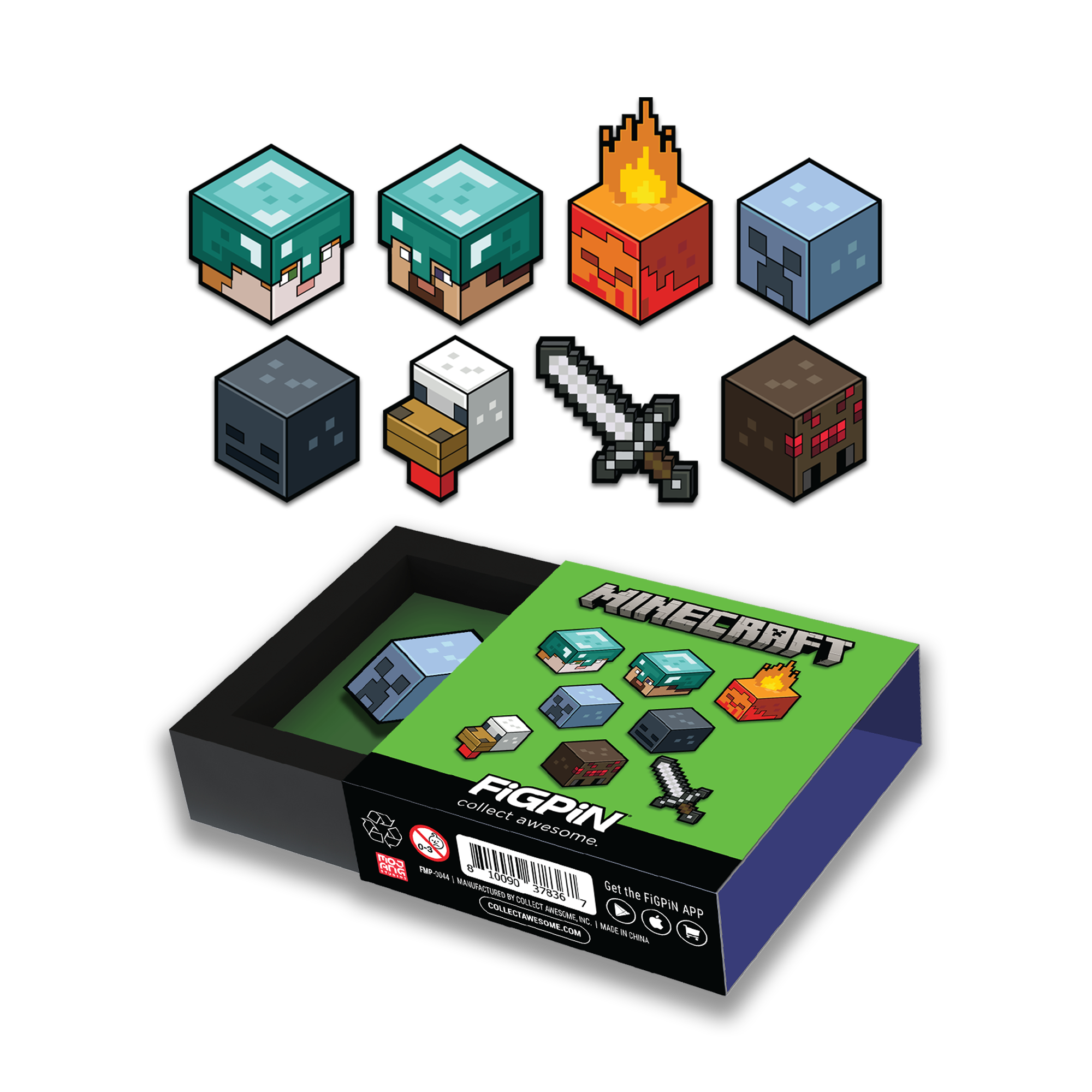 Individual Minecraft Mystery Minis blind box with 8 art renders of possible Minecraft characters above the box