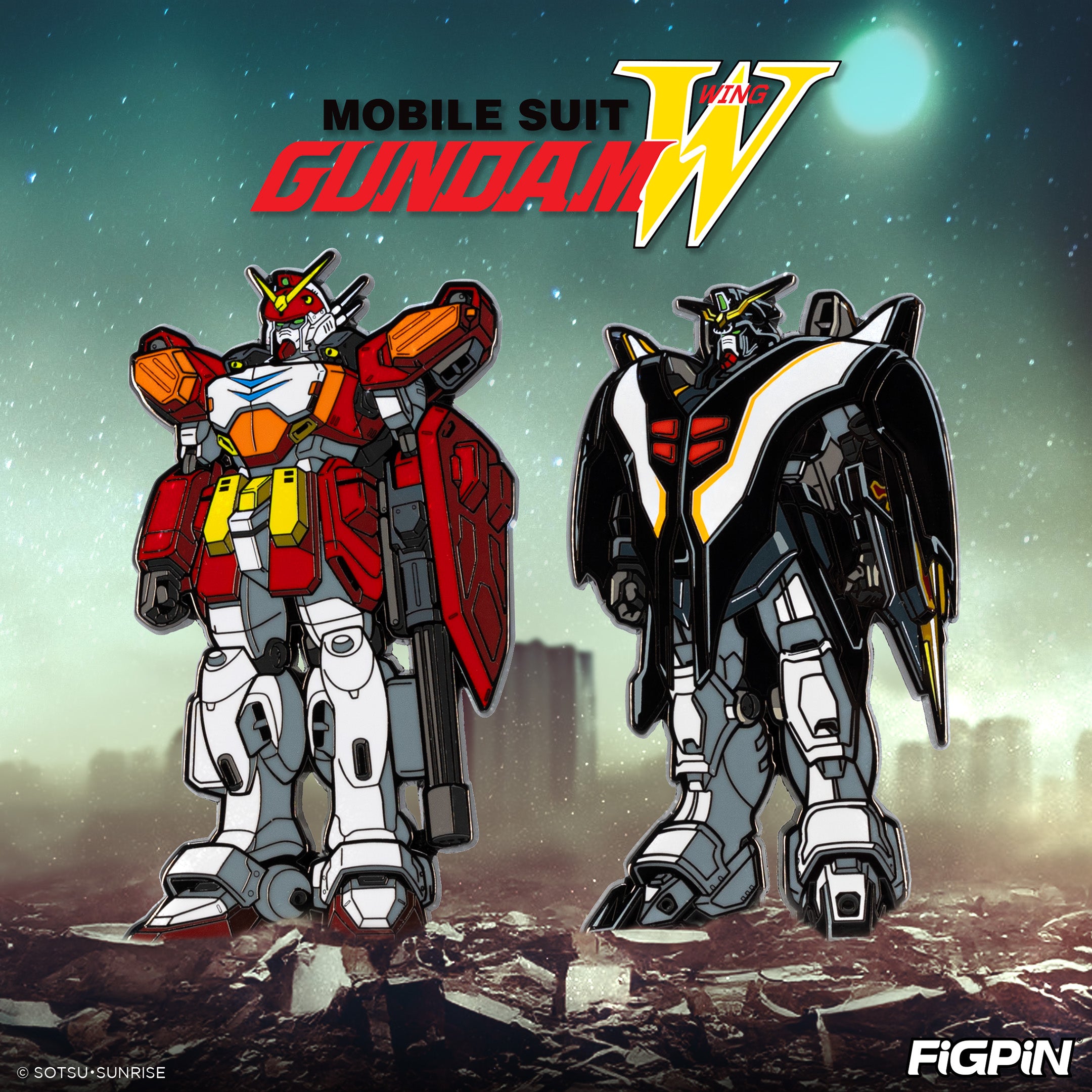 Photograph of Gundam characters available as enamel pins in this Gundam FiGPiN wave release
