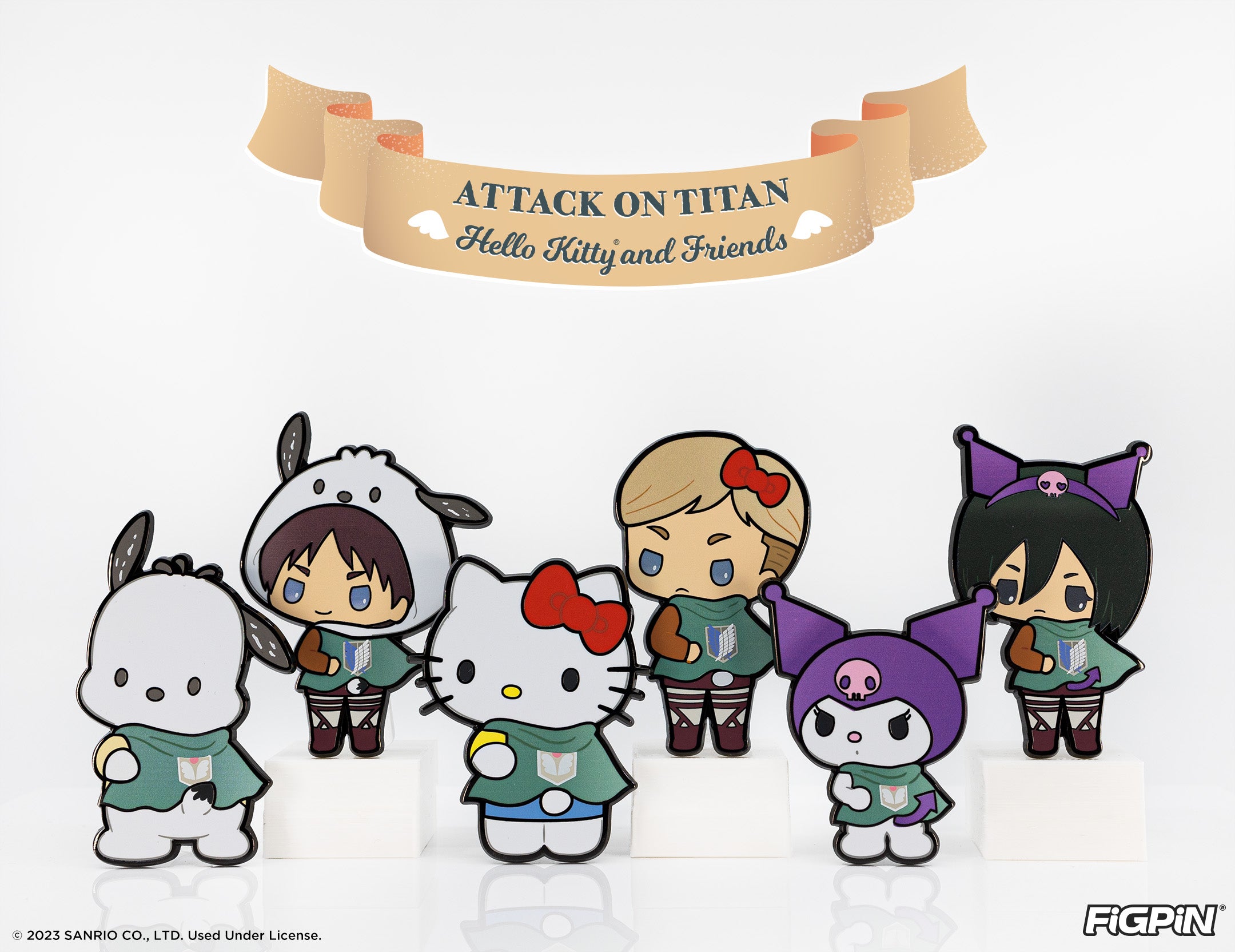 Photograph of Sanrio x Attack on Titan characters available as enamel pins in this Attack on Titan x Hello Kitty and Friends FiGPiN wave release