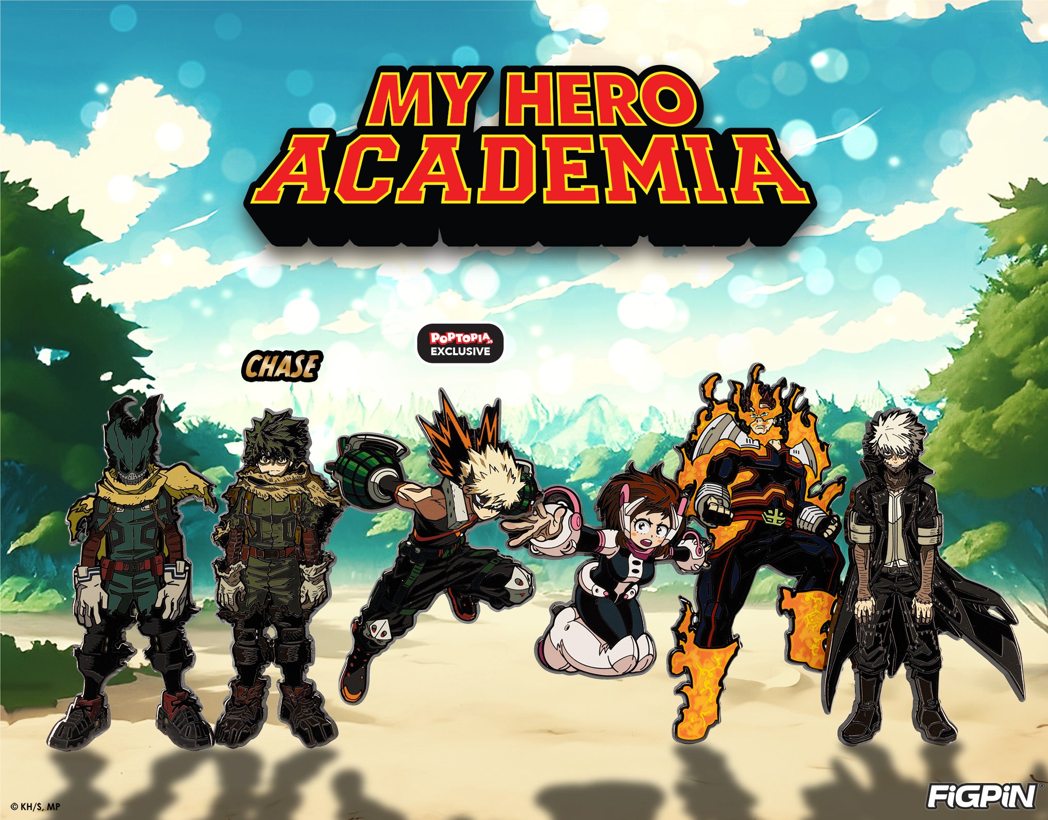 Photograph of My Hero Academia characters available as enamel pins in this My Hero Academia FiGPiN wave release.