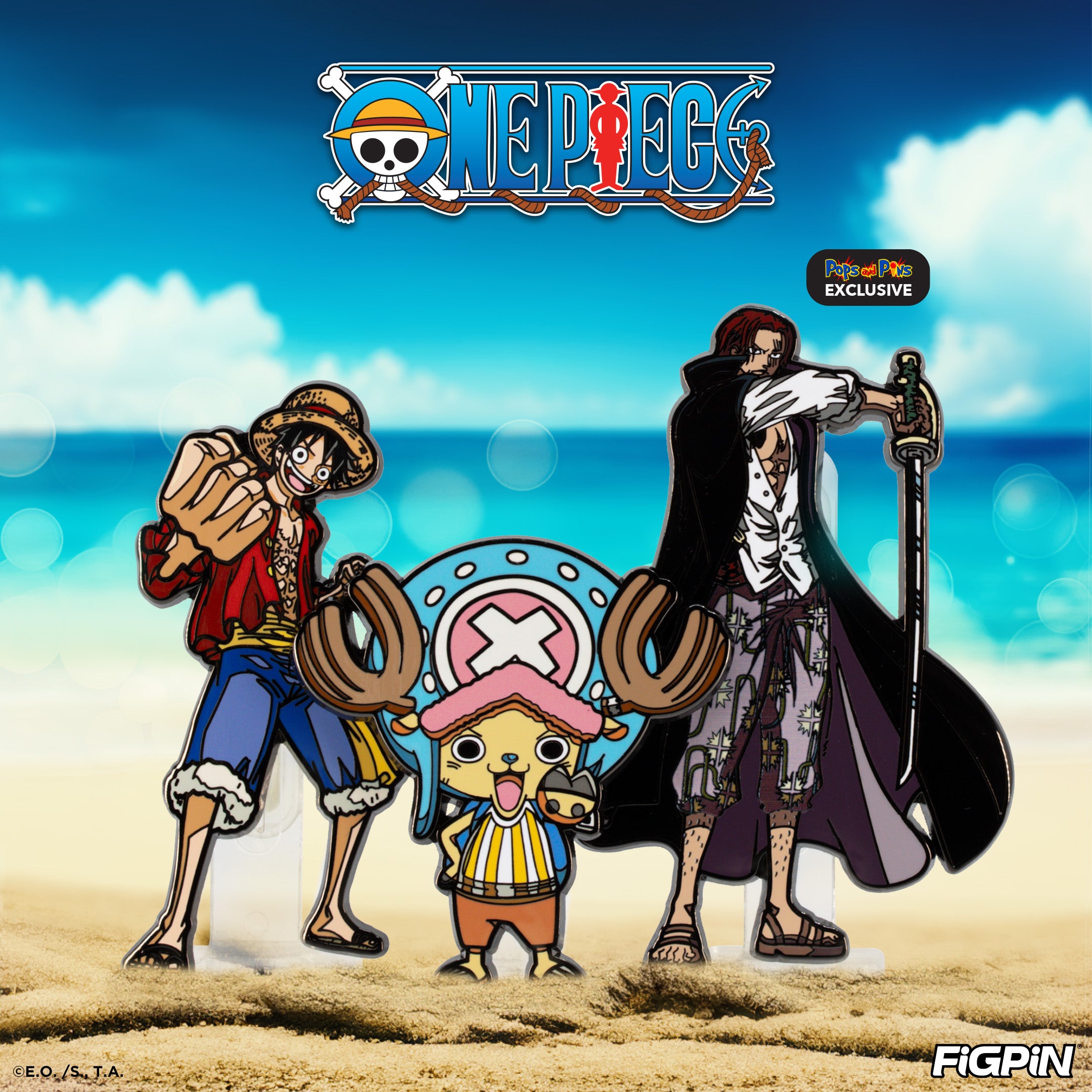 Photograph of One Piece characters available as enamel pins in this One Piece FiGPiN wave release