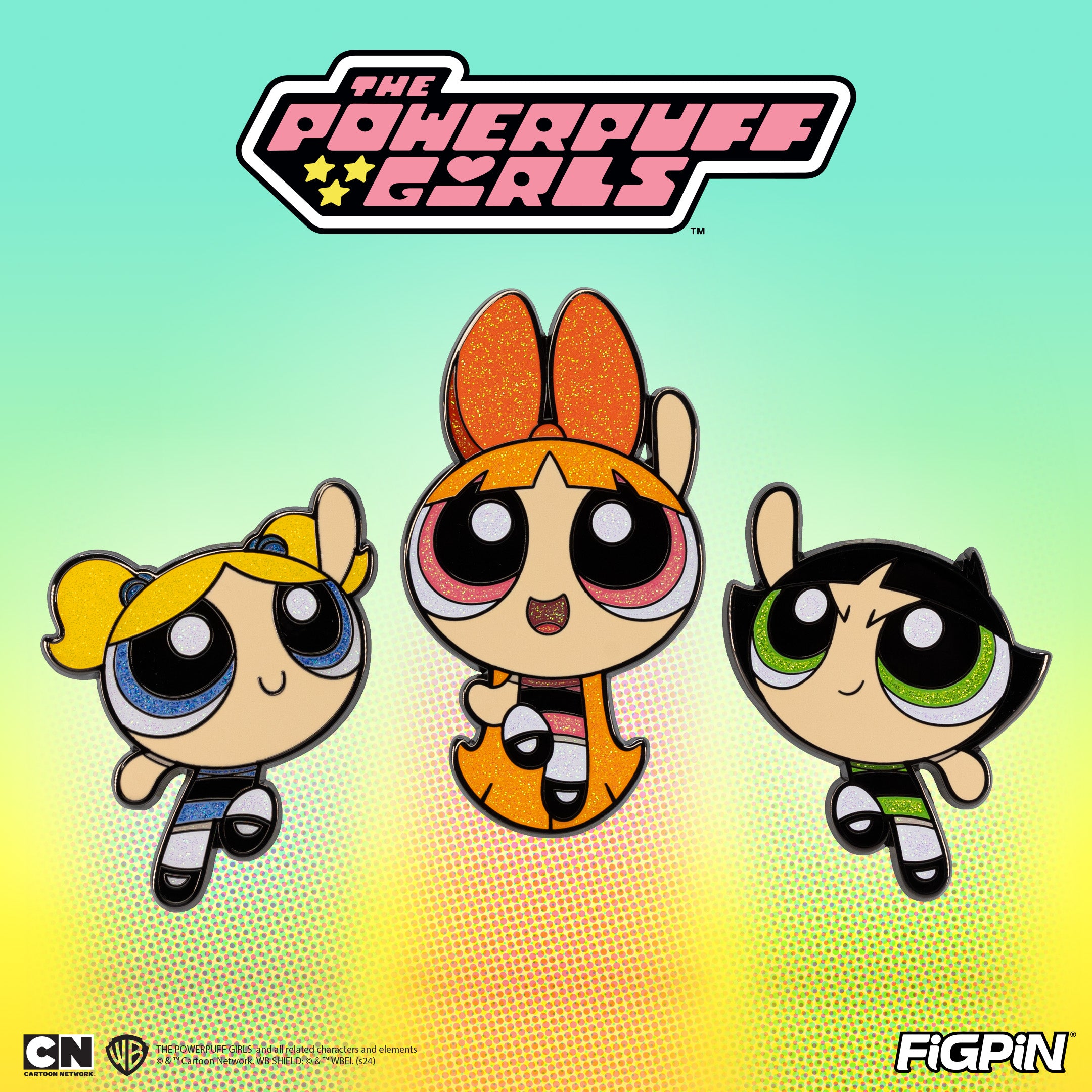Photograph of The Powerpuff Girls characters available as enamel pins in the 3-piece Box Set