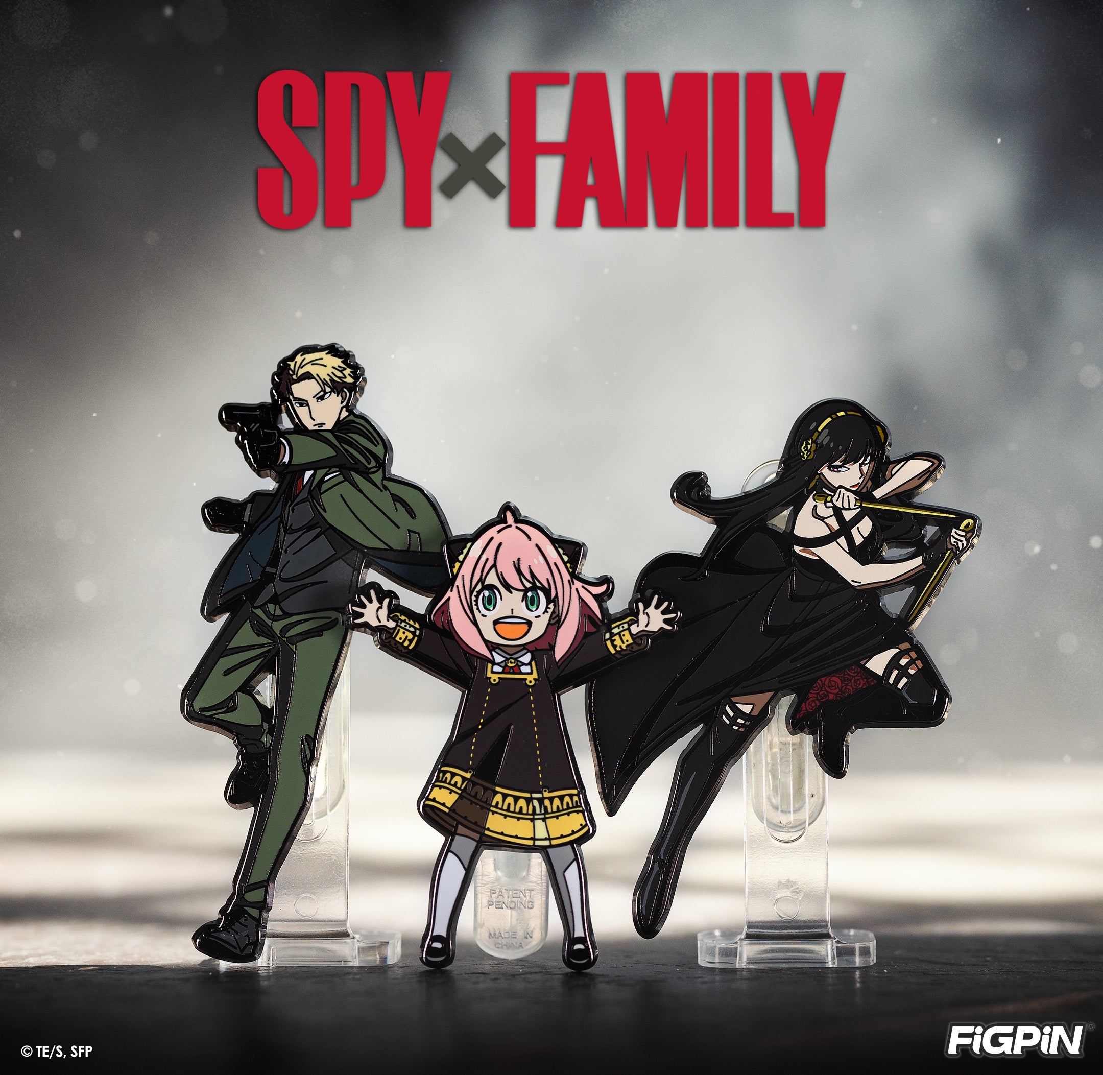 Photograph of SPY x FAMILY characters available as enamel pins in this SPY x FAMILY FiGPiN wave release