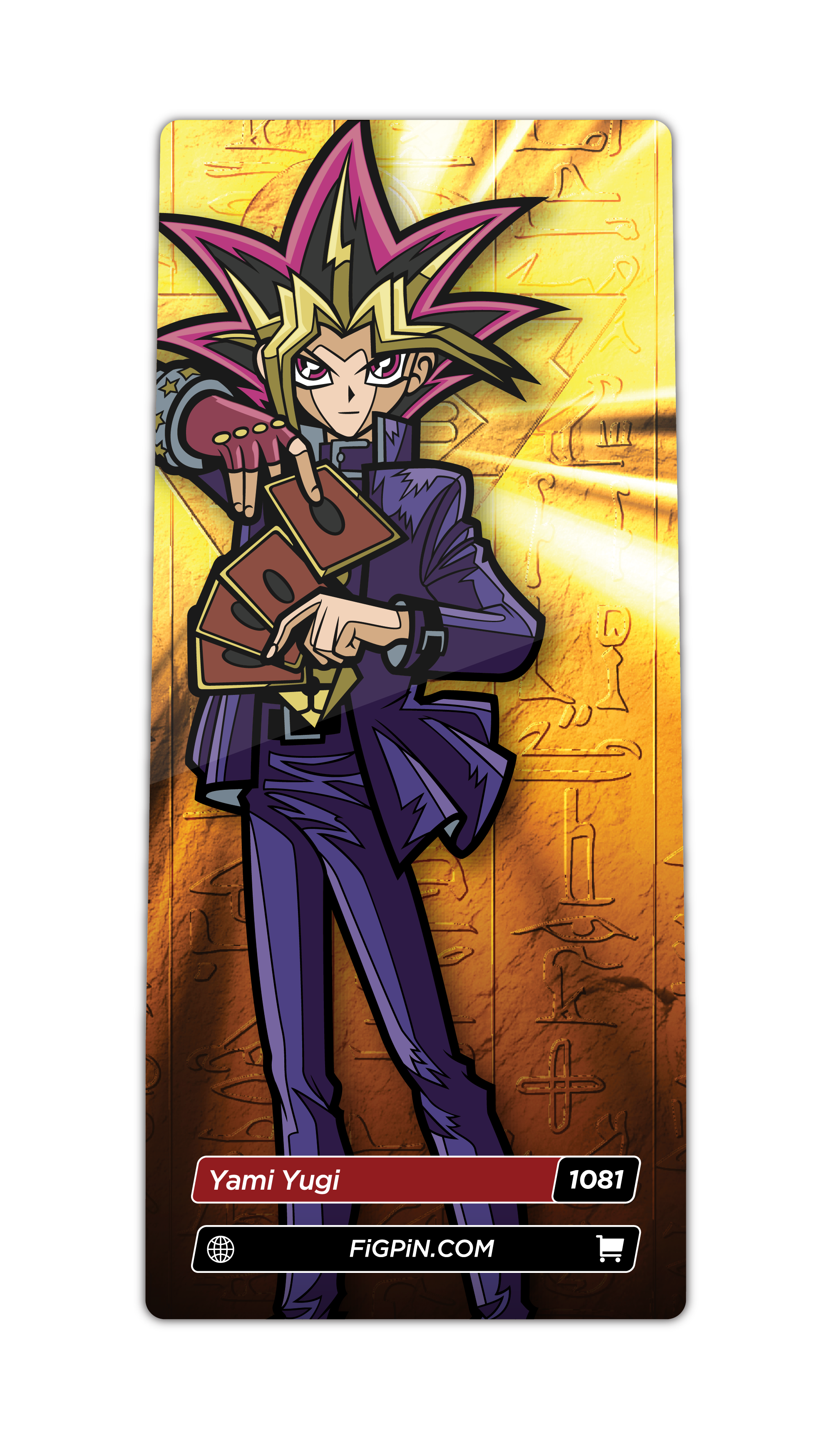 Character card of gold plated Yami Yugi with text "Yami Yugi (1081)” and link to FiGPiN’s website
