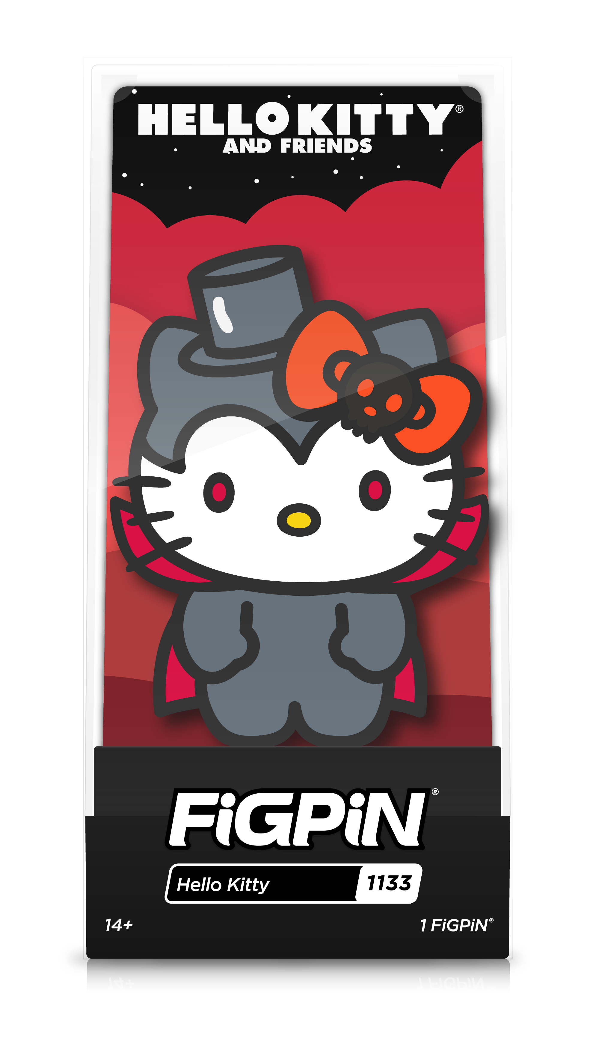 Front view of Sanrio's Hello Kitty enamel pin inside FiGPiN Display case reading “FiGPiN - Hello Kitty (1133)”