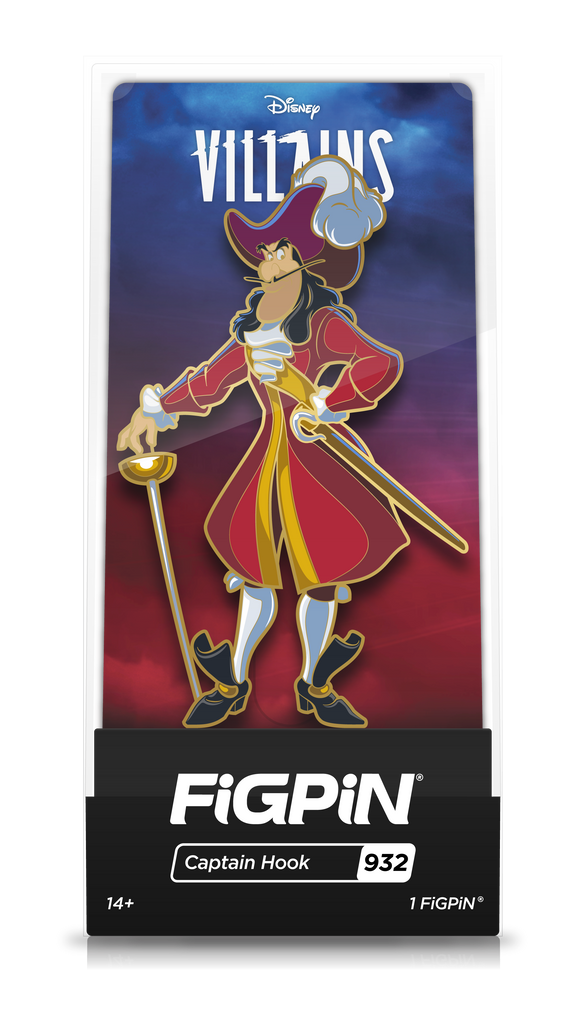 Front view of Disney's Villains Captain Hook enamel pin inside FiGPiN Display case reading “FiGPiN - Captain Hook (932)”