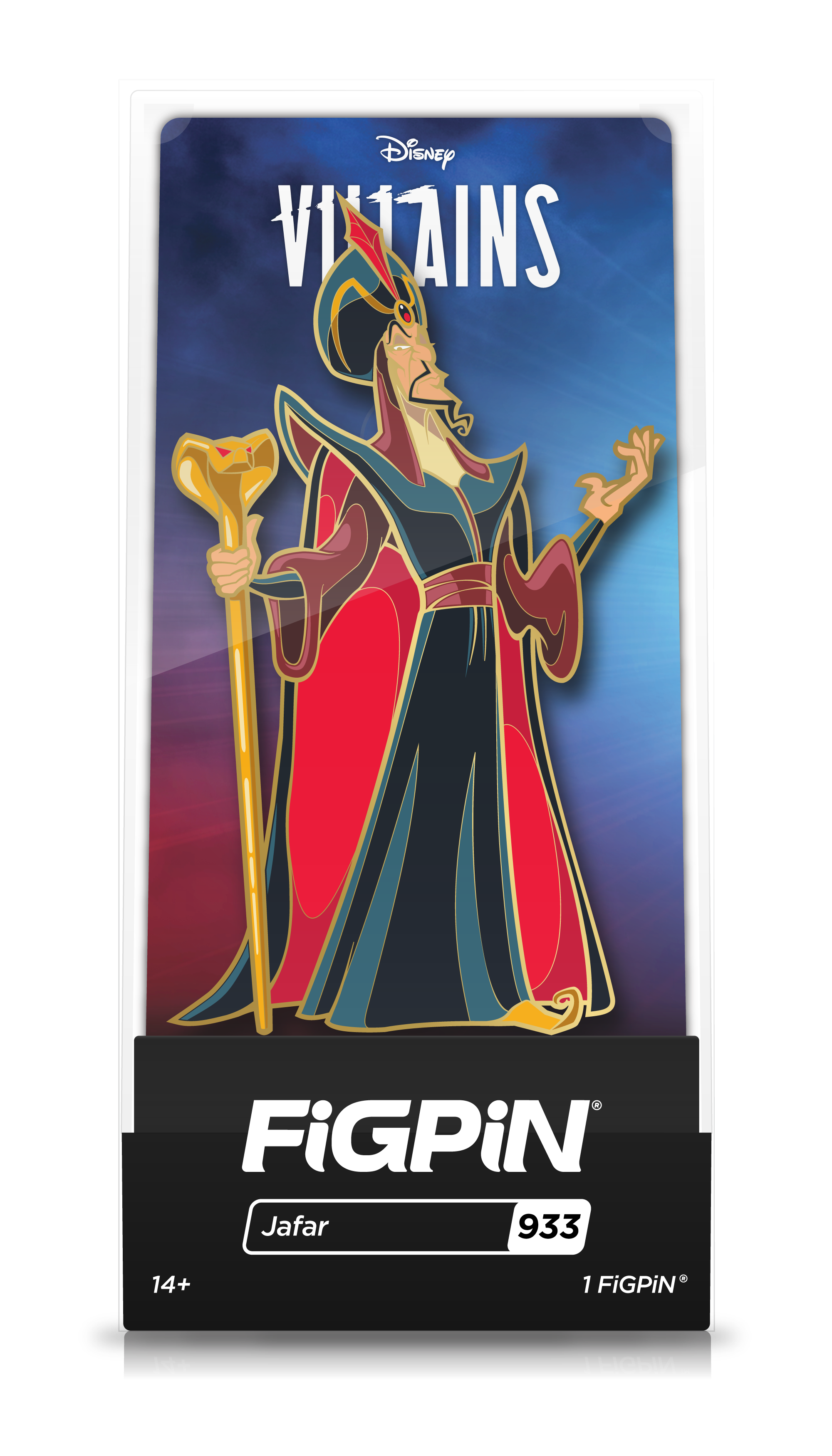 Front view of Disney's Villains Jafar enamel pin inside FiGPiN Display case reading “FiGPiN - Jafar (933)”
